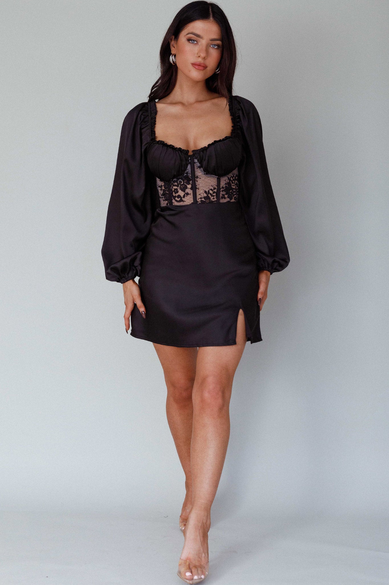 Trophy Long Sleeve Lace Bodice Midi Dress Black by Selfie Leslie Australia