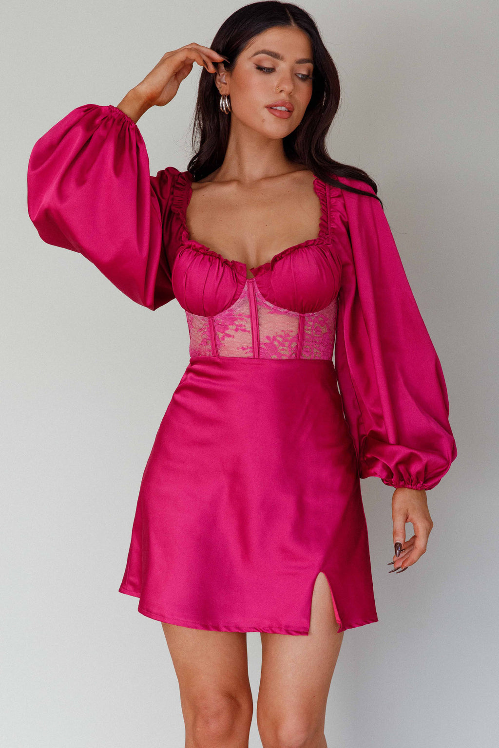 Trophy Long Sleeve Lace Bodice Midi Dress Plum by Selfie Leslie Australia