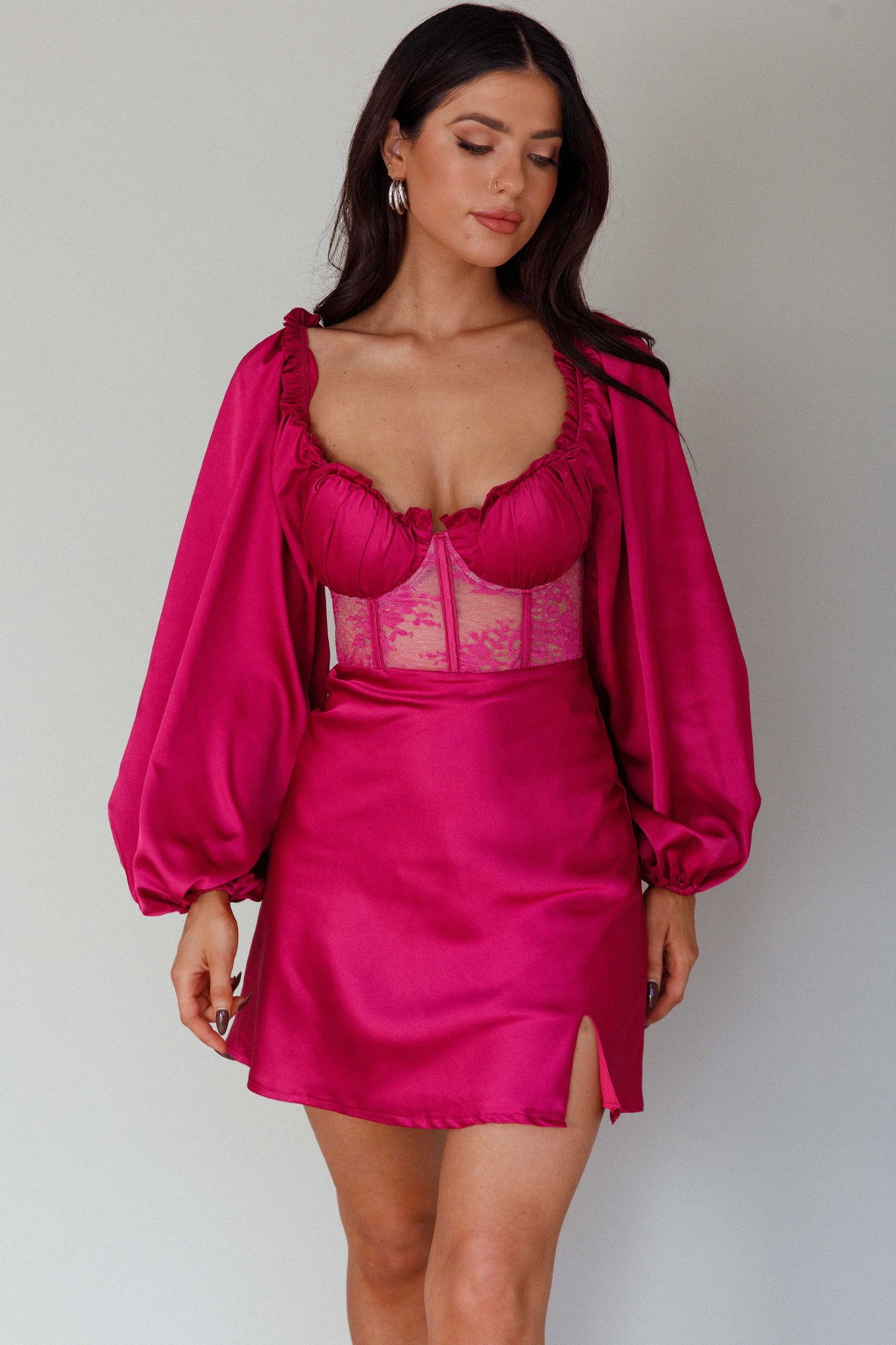 Trophy Long Sleeve Lace Bodice Midi Dress Plum by Selfie Leslie Australia