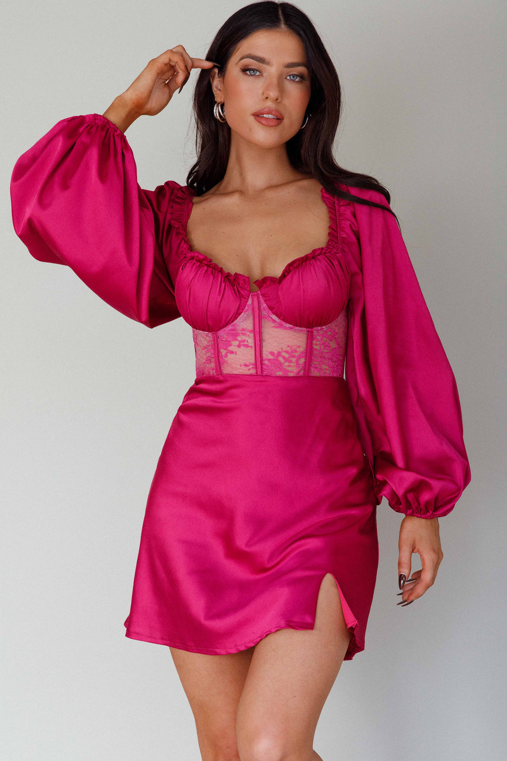 Trophy Long Sleeve Lace Bodice Midi Dress Plum by Selfie Leslie Australia