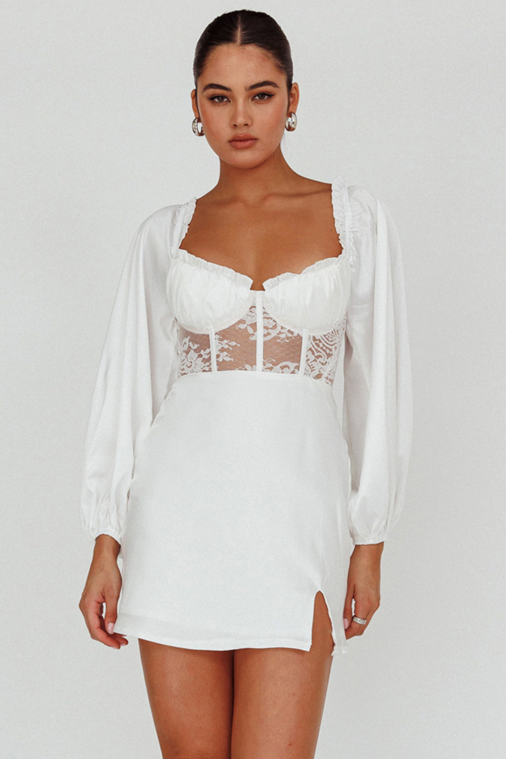 Trophy Long Sleeve Lace Bodice Midi Dress White by Selfie Leslie Australia