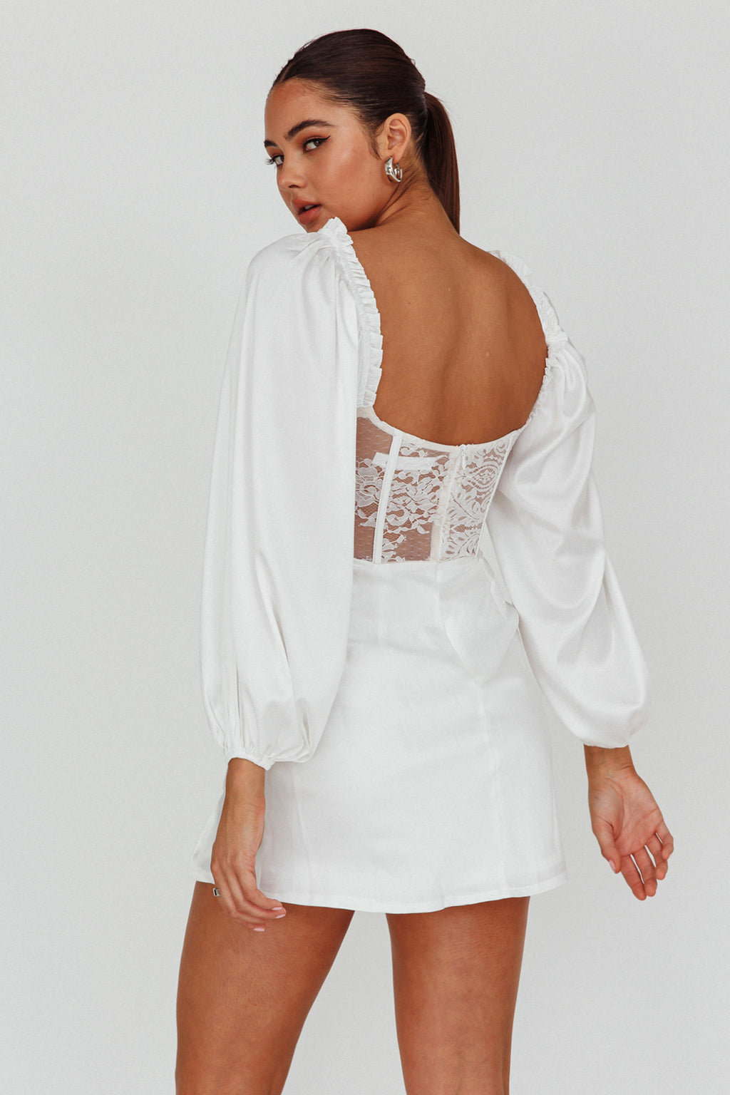 Trophy Long Sleeve Lace Bodice Midi Dress White by Selfie Leslie Australia