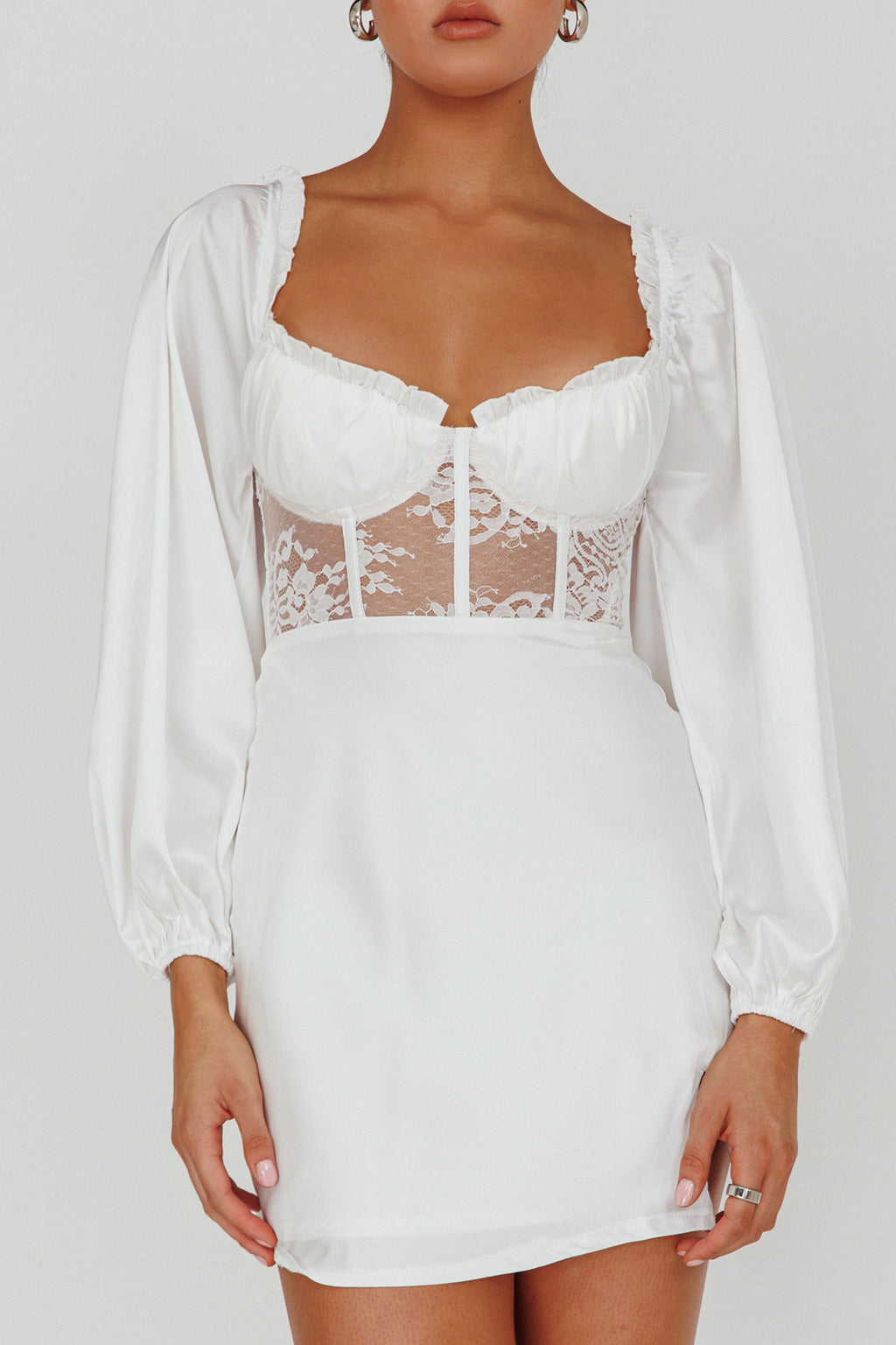 Trophy Long Sleeve Lace Bodice Midi Dress White by Selfie Leslie Australia