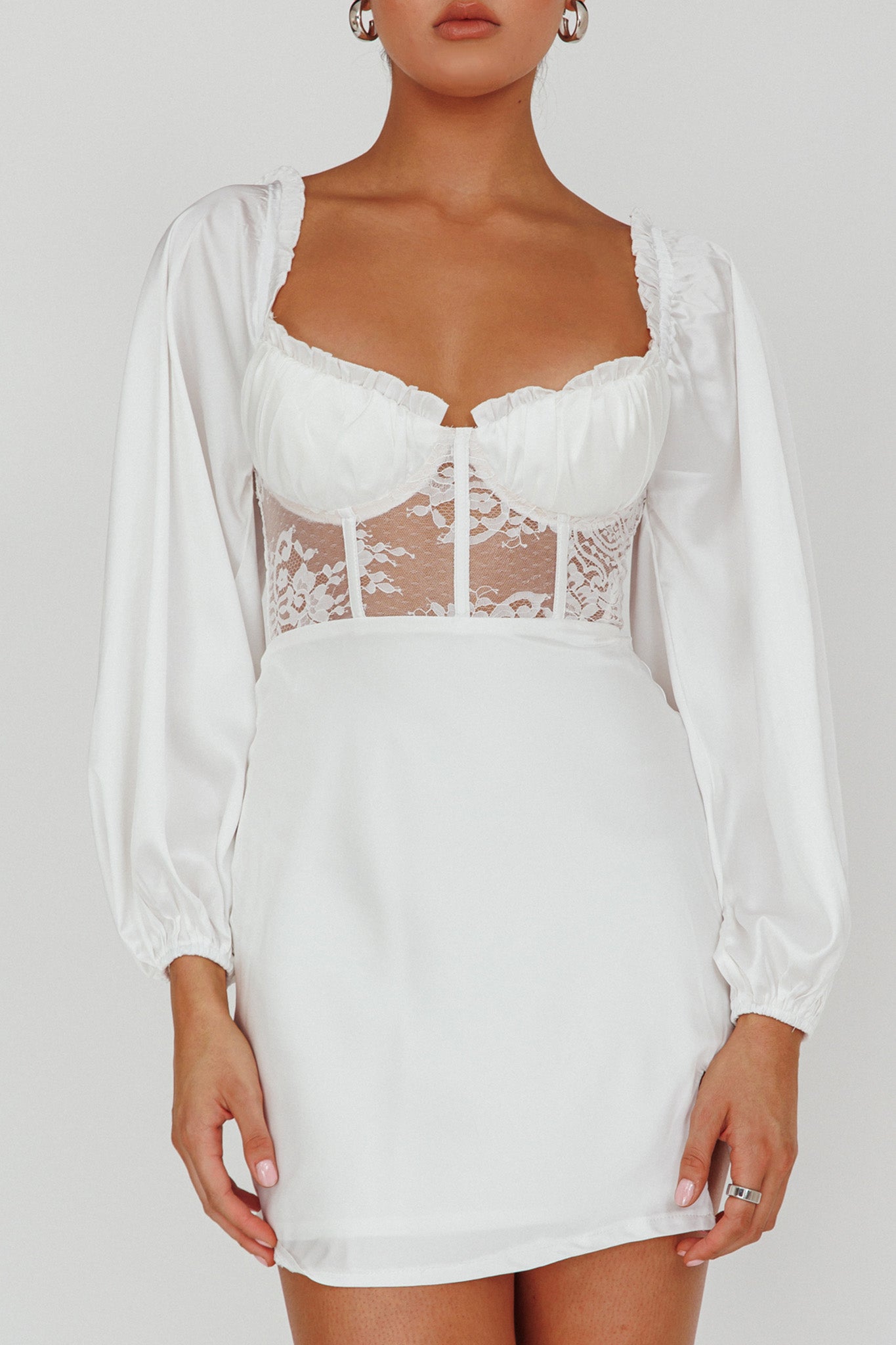 Trophy Long Sleeve Lace Bodice Midi Dress White by Selfie Leslie Australia
