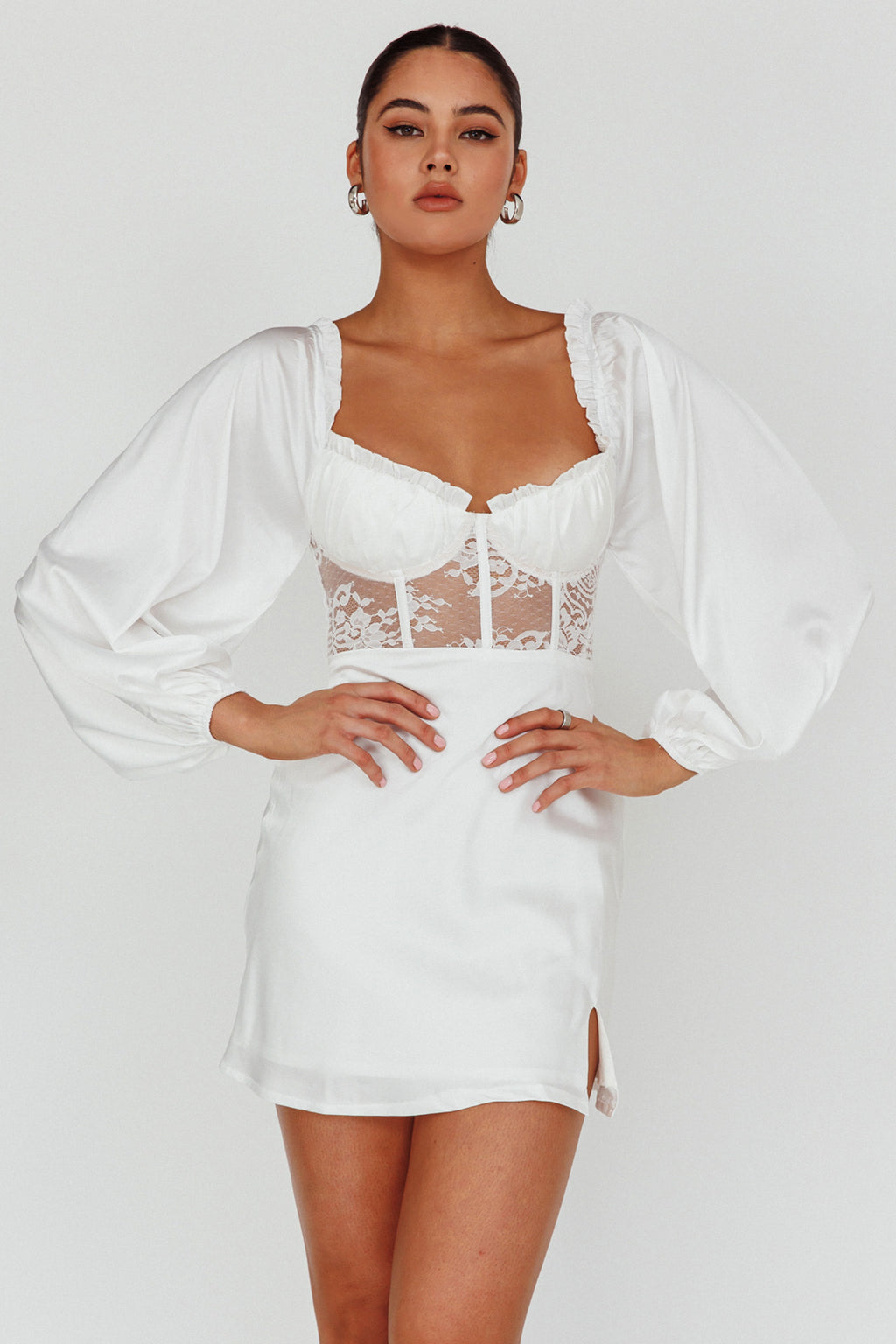 Trophy Long Sleeve Lace Bodice Midi Dress White by Selfie Leslie Australia