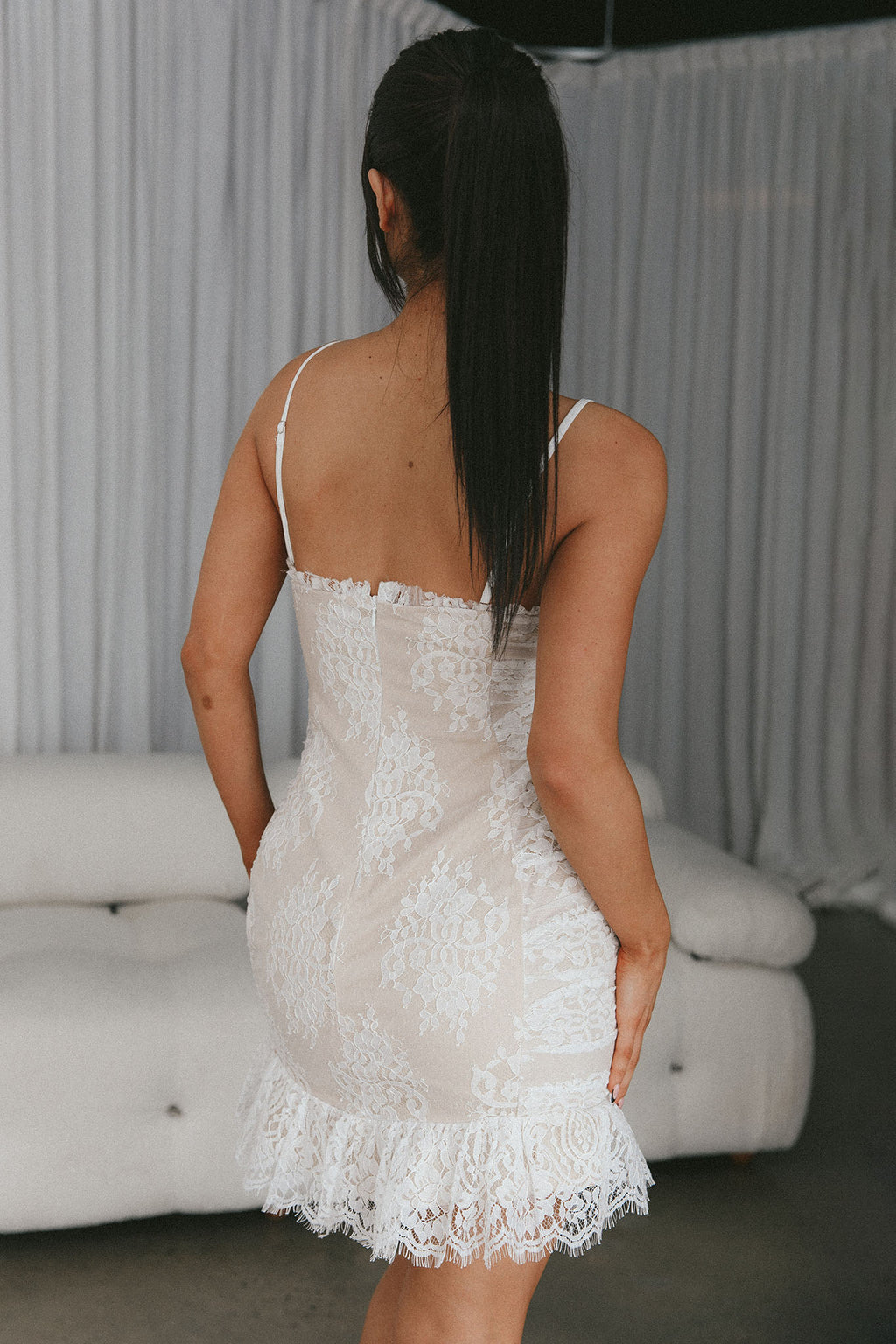 St Tropez Cami Strap Frill Hem Lace Mini Dress White by Selfie Leslie Australia
