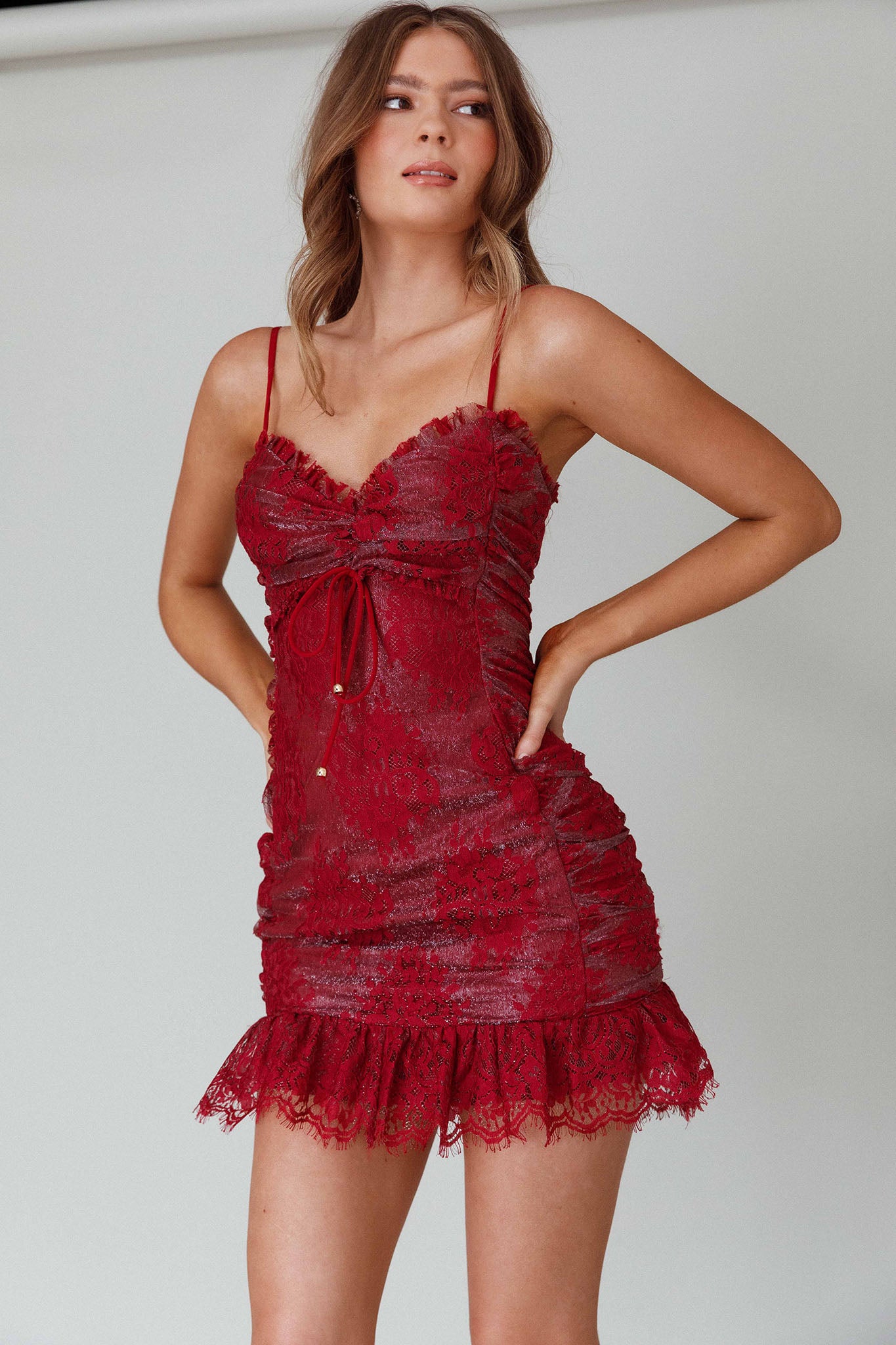 St Tropez Cami Strap Frill Hem Lace Mini Dress Wine by Selfie Leslie Australia