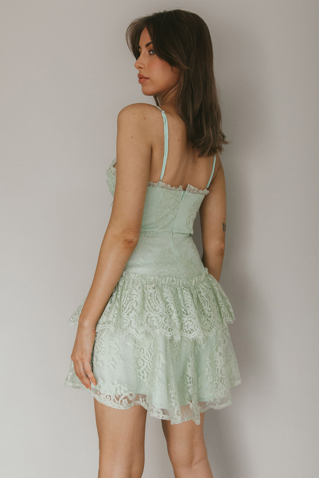 St Tropez Cami Strap Frill Trim Lace Mini Dress Sage by Selfie Leslie Australia