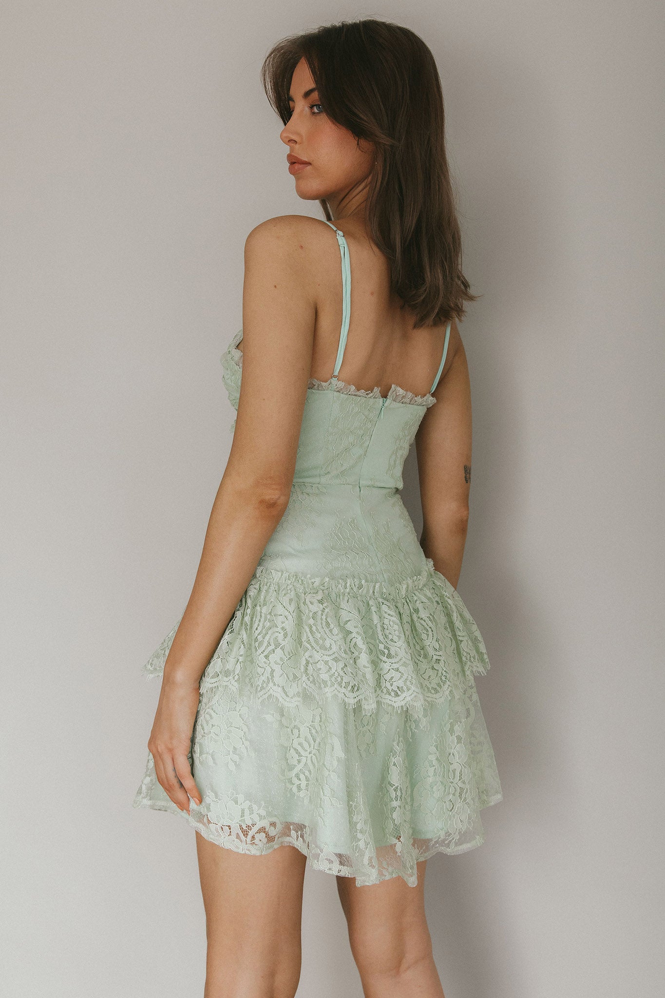 St Tropez Cami Strap Frill Trim Lace Mini Dress Sage by Selfie Leslie Australia