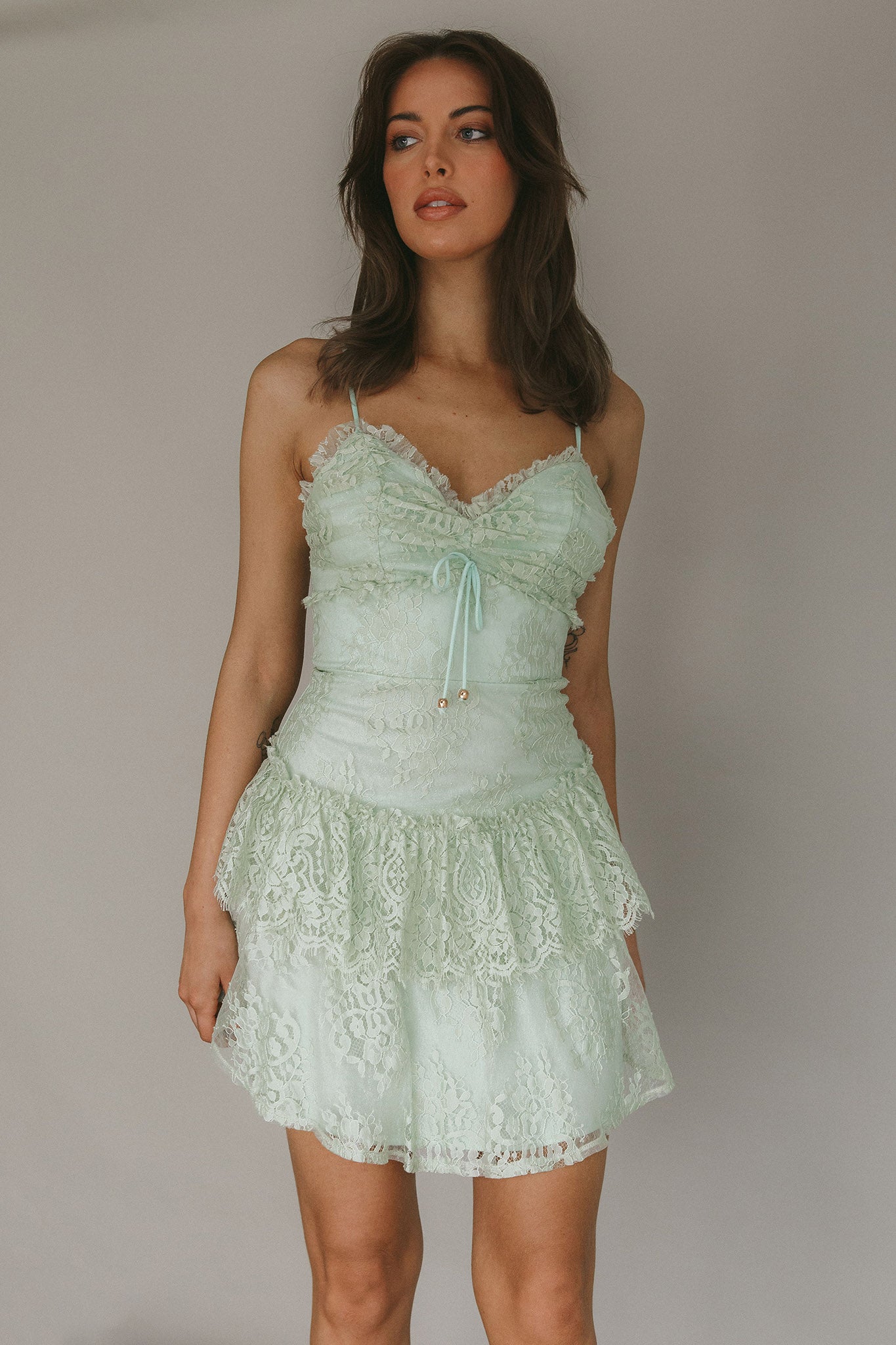 St Tropez Cami Strap Frill Trim Lace Mini Dress Sage by Selfie Leslie Australia