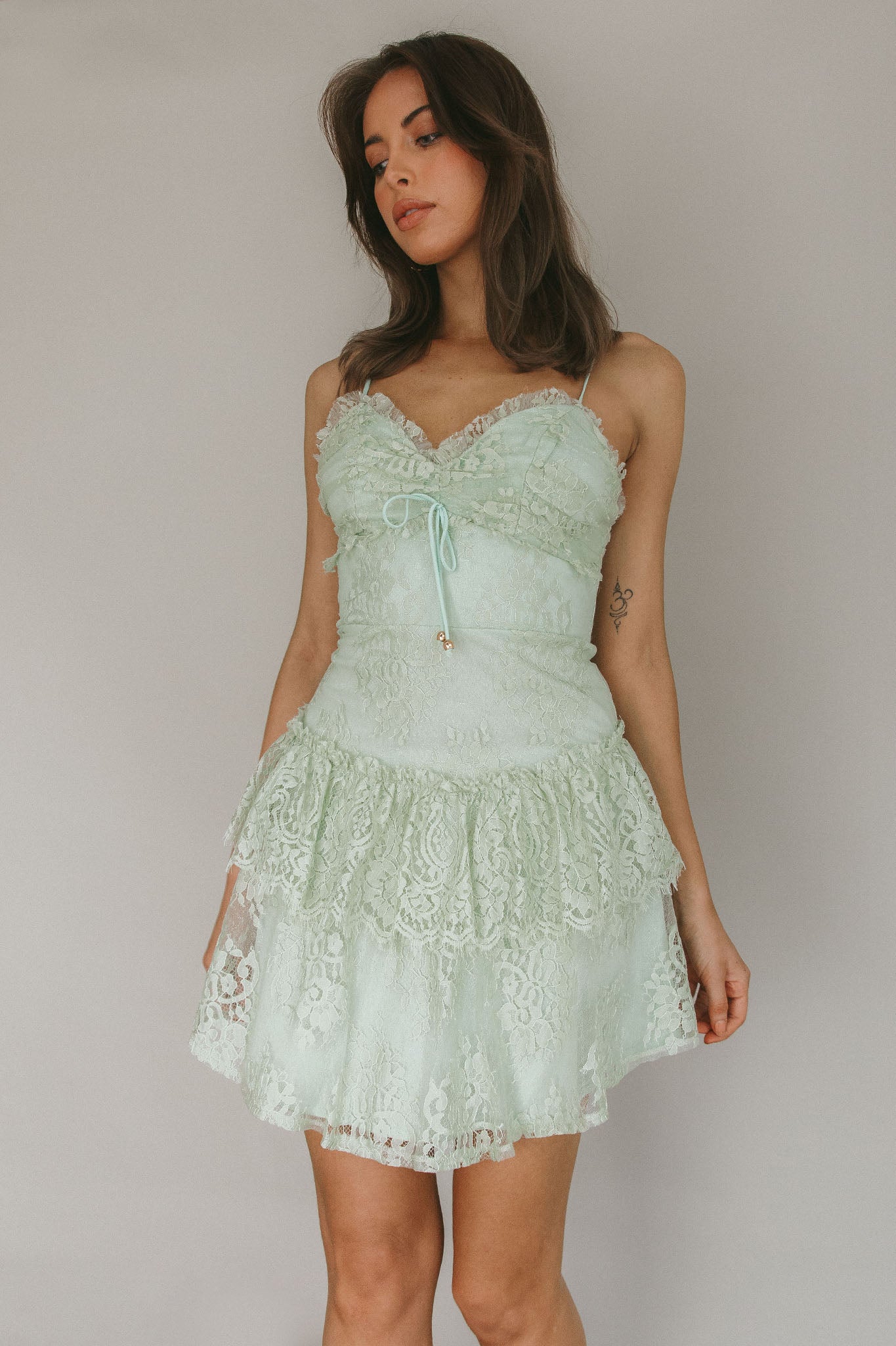 St Tropez Cami Strap Frill Trim Lace Mini Dress Sage by Selfie Leslie Australia