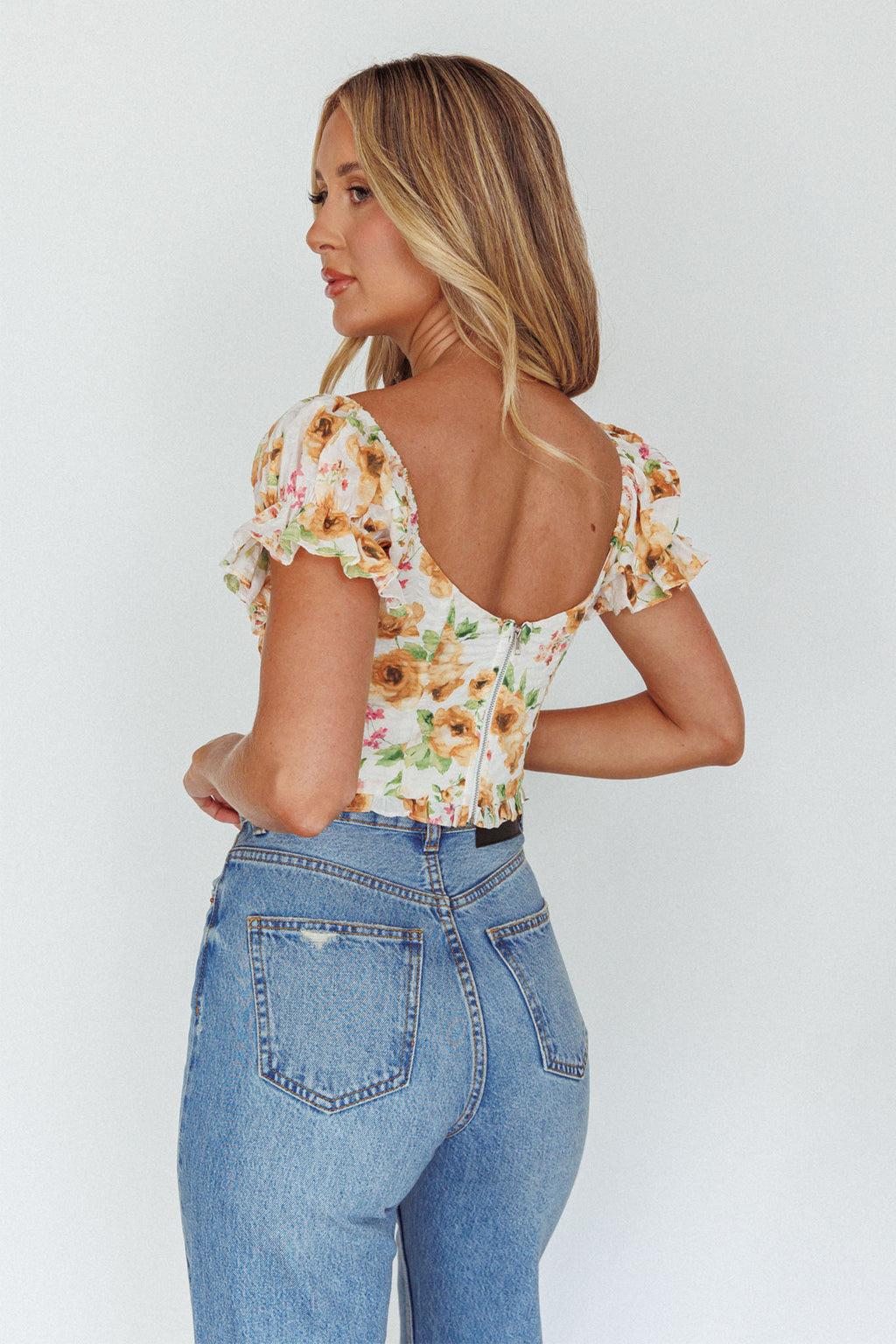 Besito Puff Sleeve Crop Top Floral White/Yellow by Selfie Leslie Australia