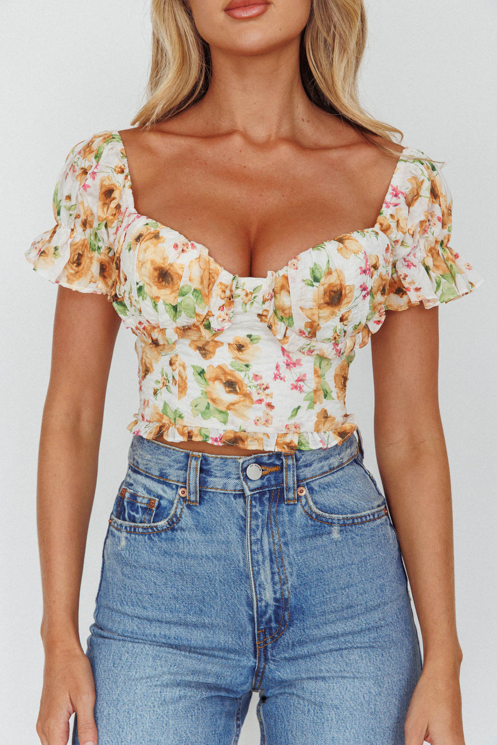 Besito Puff Sleeve Crop Top Floral White/Yellow by Selfie Leslie Australia