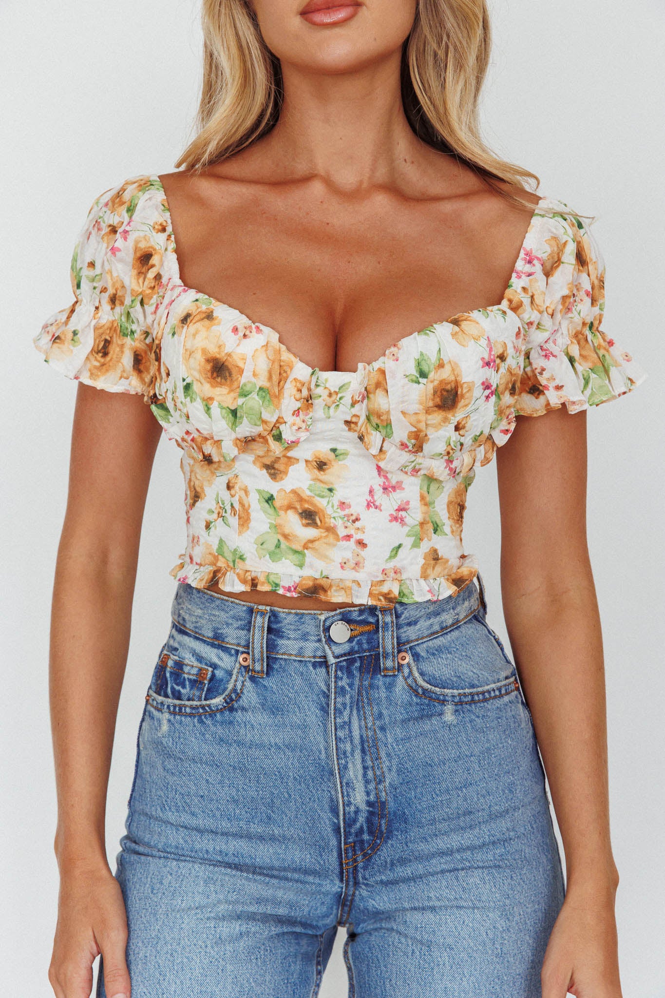 Besito Puff Sleeve Crop Top Floral White/Yellow by Selfie Leslie Australia