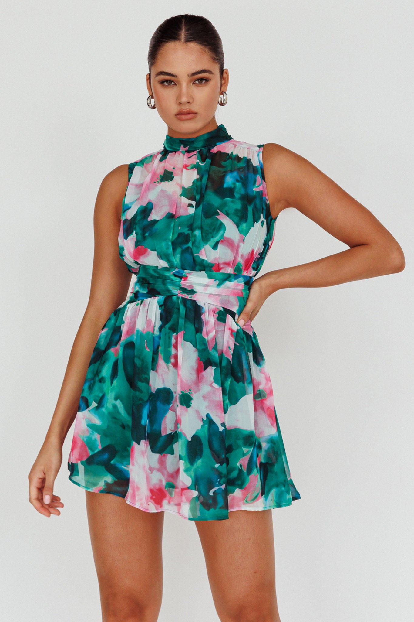 Mandalay High Neck Sleeveless Dress Floral Green by Selfie Leslie Australia