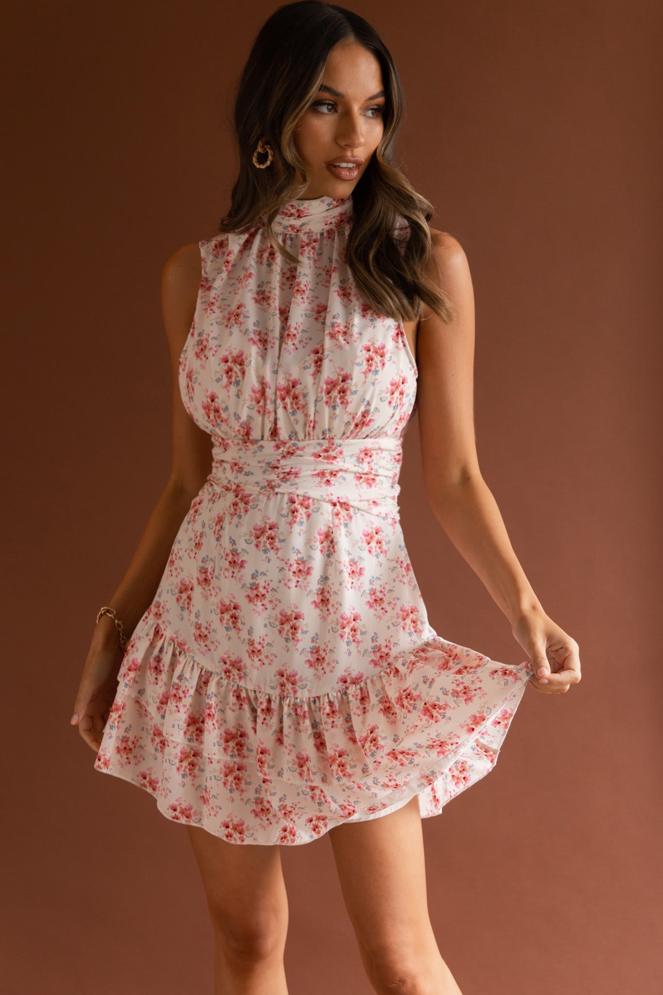 Mandalay High Neck Sleeveless Waistband Dress Vintage Floral Pink by Selfie Leslie