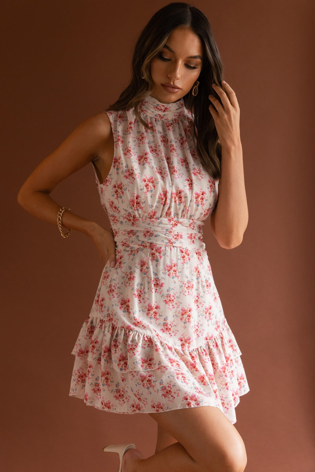 Mandalay High Neck Sleeveless Waistband Dress Vintage Floral Pink by Selfie Leslie