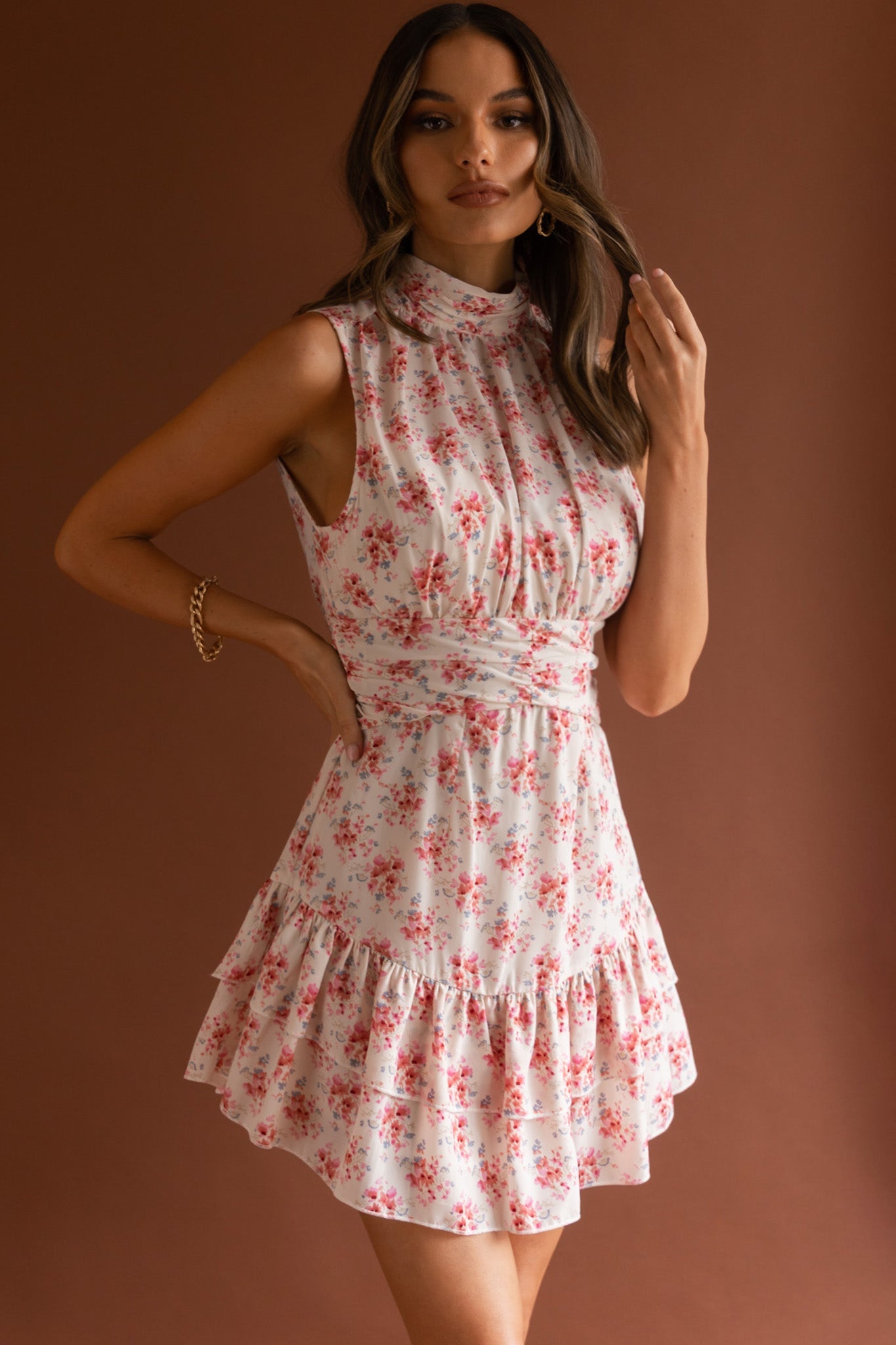 Mandalay High Neck Sleeveless Waistband Dress Vintage Floral Pink by Selfie Leslie