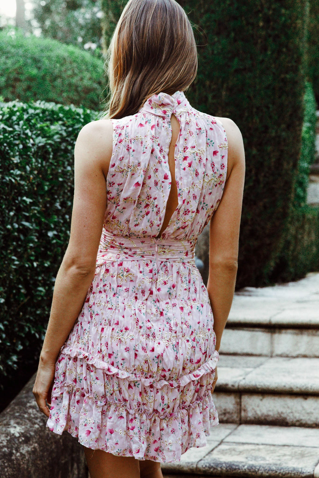 Mandalay High Neck Sleeveless Waistband Dress Floral Print Pink by Selfie Leslie