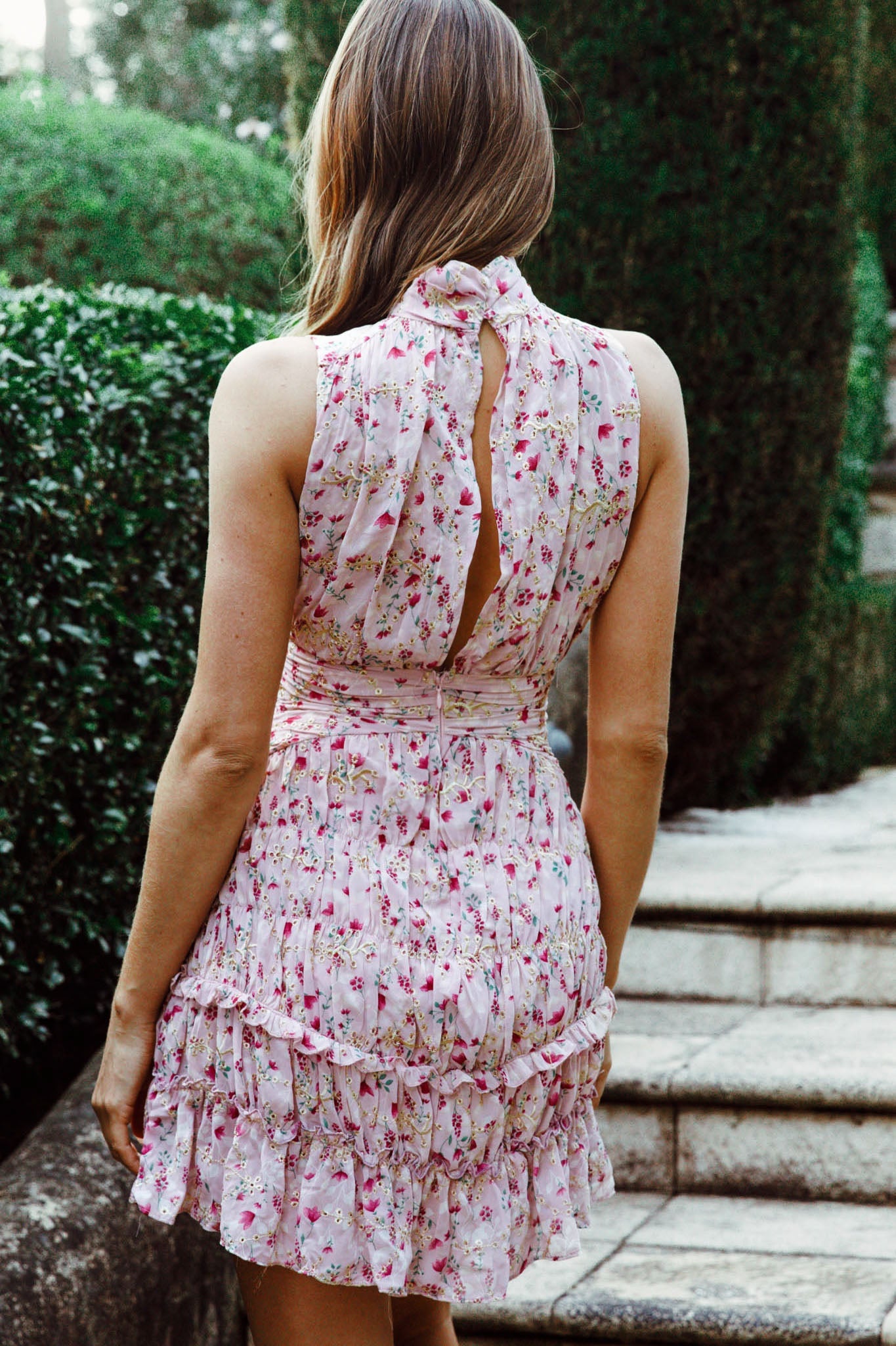 Mandalay High Neck Sleeveless Waistband Dress Floral Print Pink by Selfie Leslie