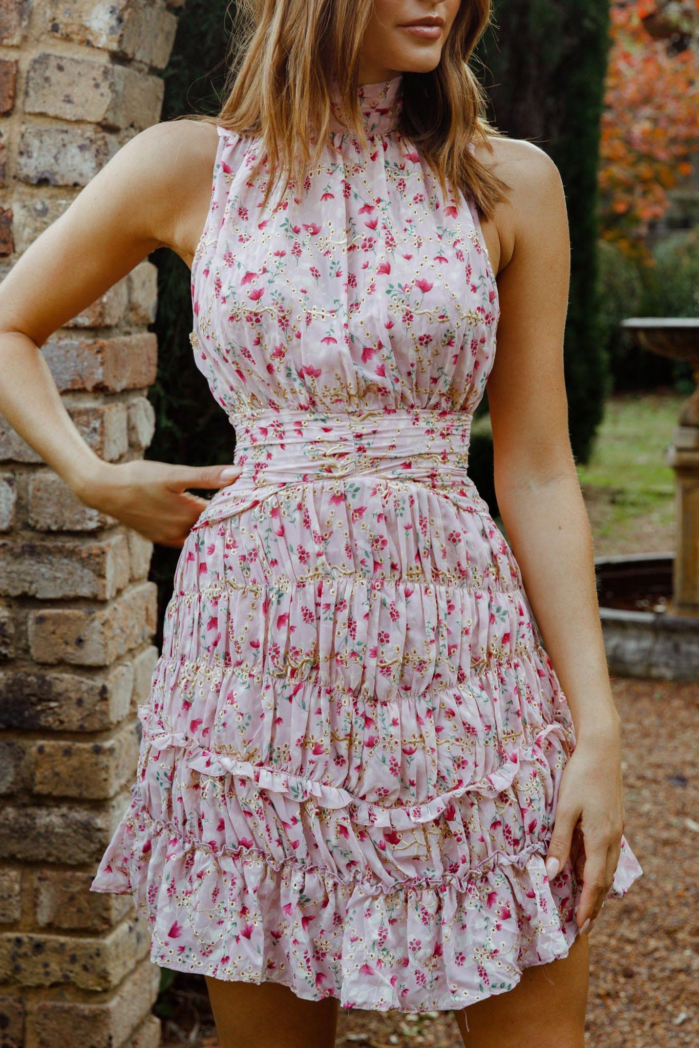 Mandalay High Neck Sleeveless Waistband Dress Floral Print Pink by Selfie Leslie