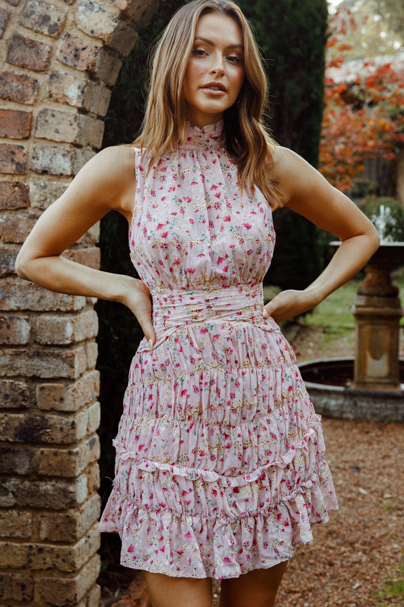 Mandalay High Neck Sleeveless Waistband Dress Floral Print Pink by Selfie Leslie