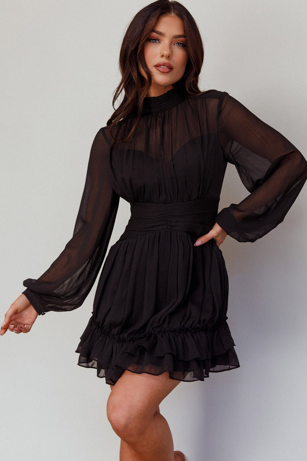 Mandalay High Neck Long Sleeve Waistband Dress Black by Selfie Leslie
