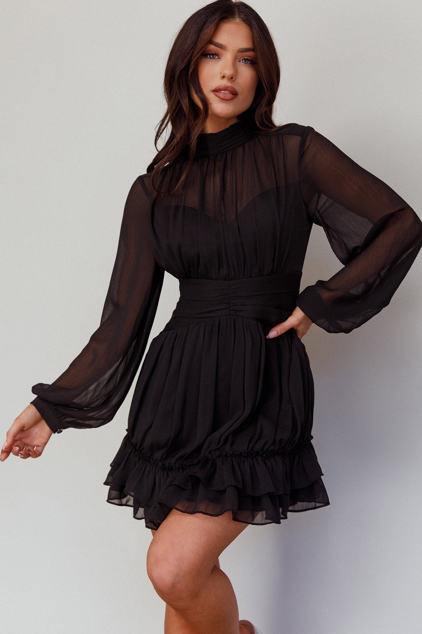 Mandalay High Neck Long Sleeve Waistband Dress Black by Selfie Leslie