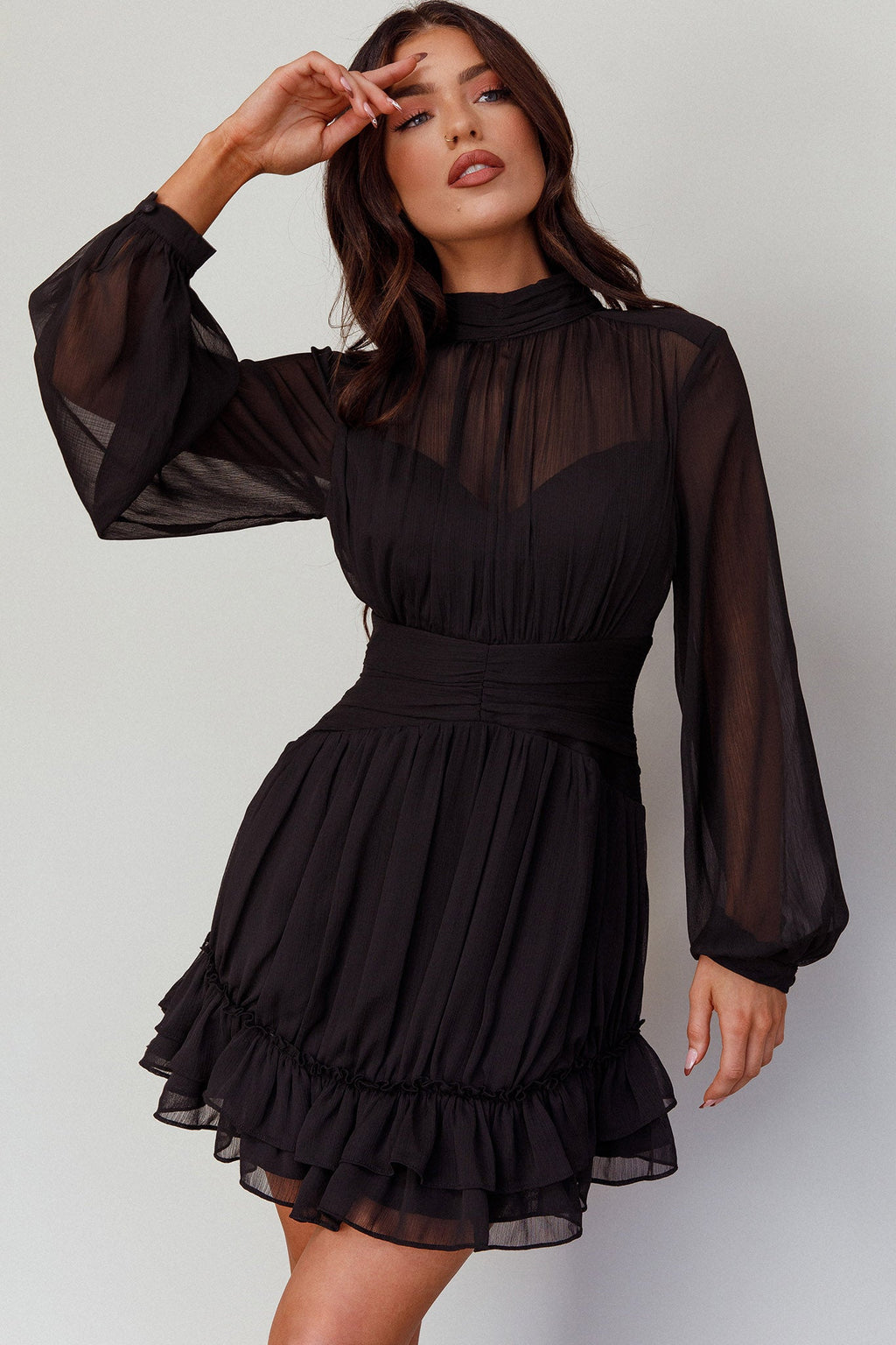Mandalay High Neck Long Sleeve Waistband Dress Black by Selfie Leslie