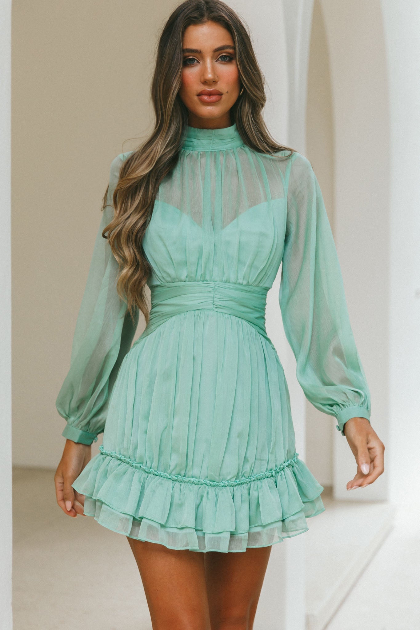 Mandalay High Neck Long Sleeve Waistband Dress Sage by Selfie Leslie