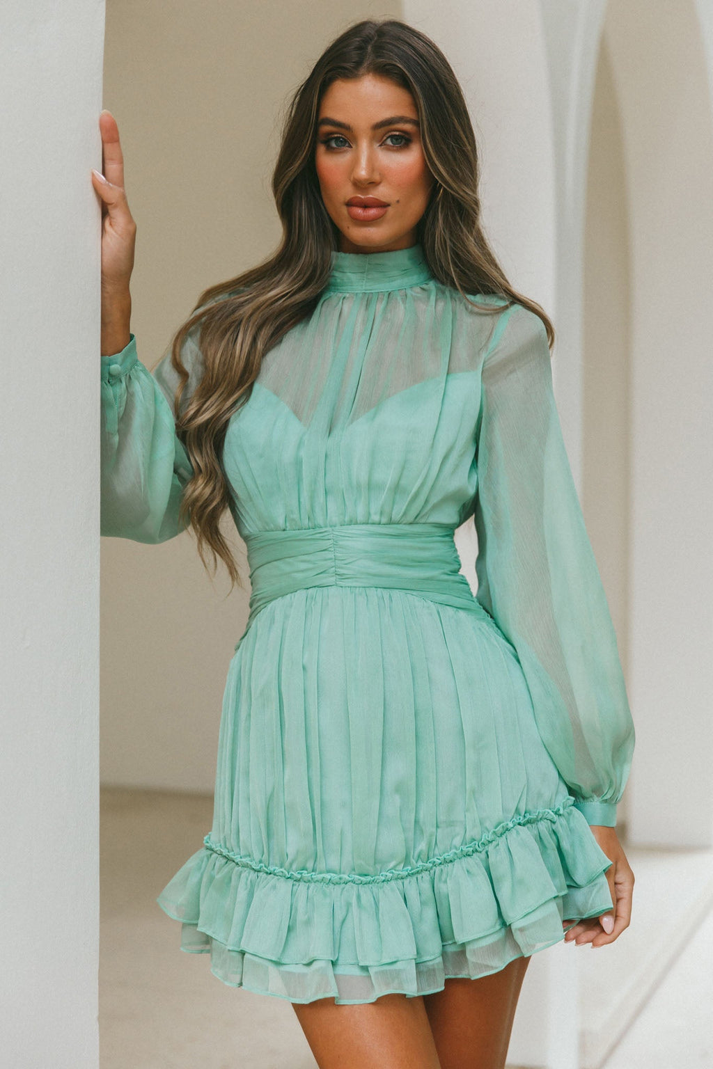 Mandalay High Neck Long Sleeve Waistband Dress Sage by Selfie Leslie