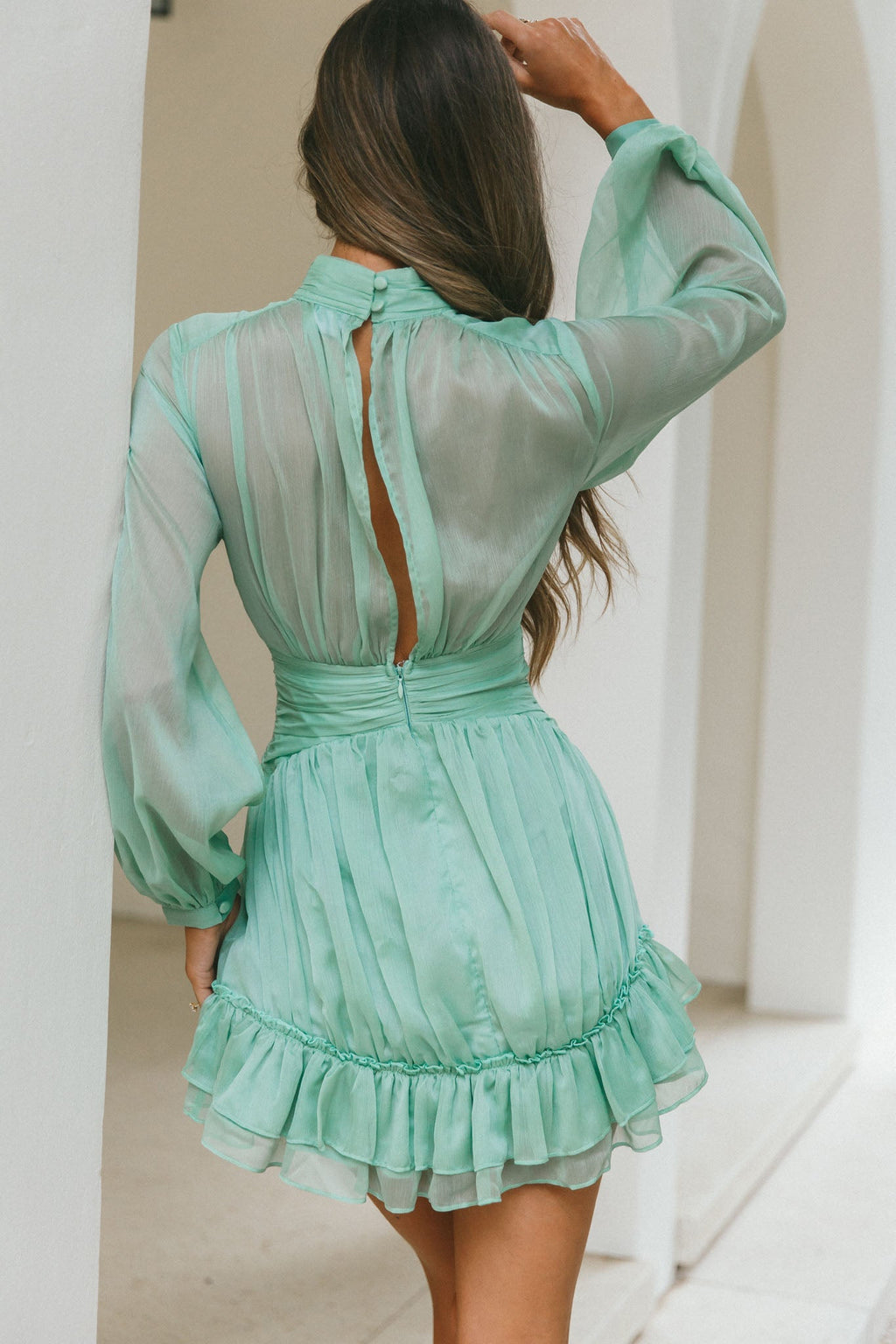 Mandalay High Neck Long Sleeve Waistband Dress Sage by Selfie Leslie