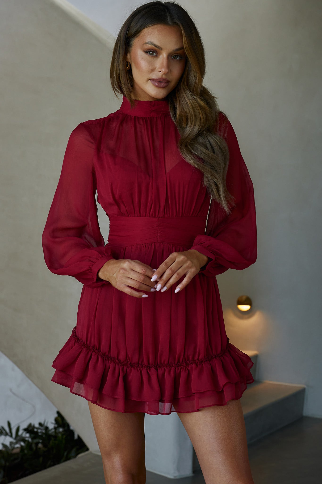 Mandalay High Neck Long Sleeve Waistband Dress Wine by Selfie Leslie