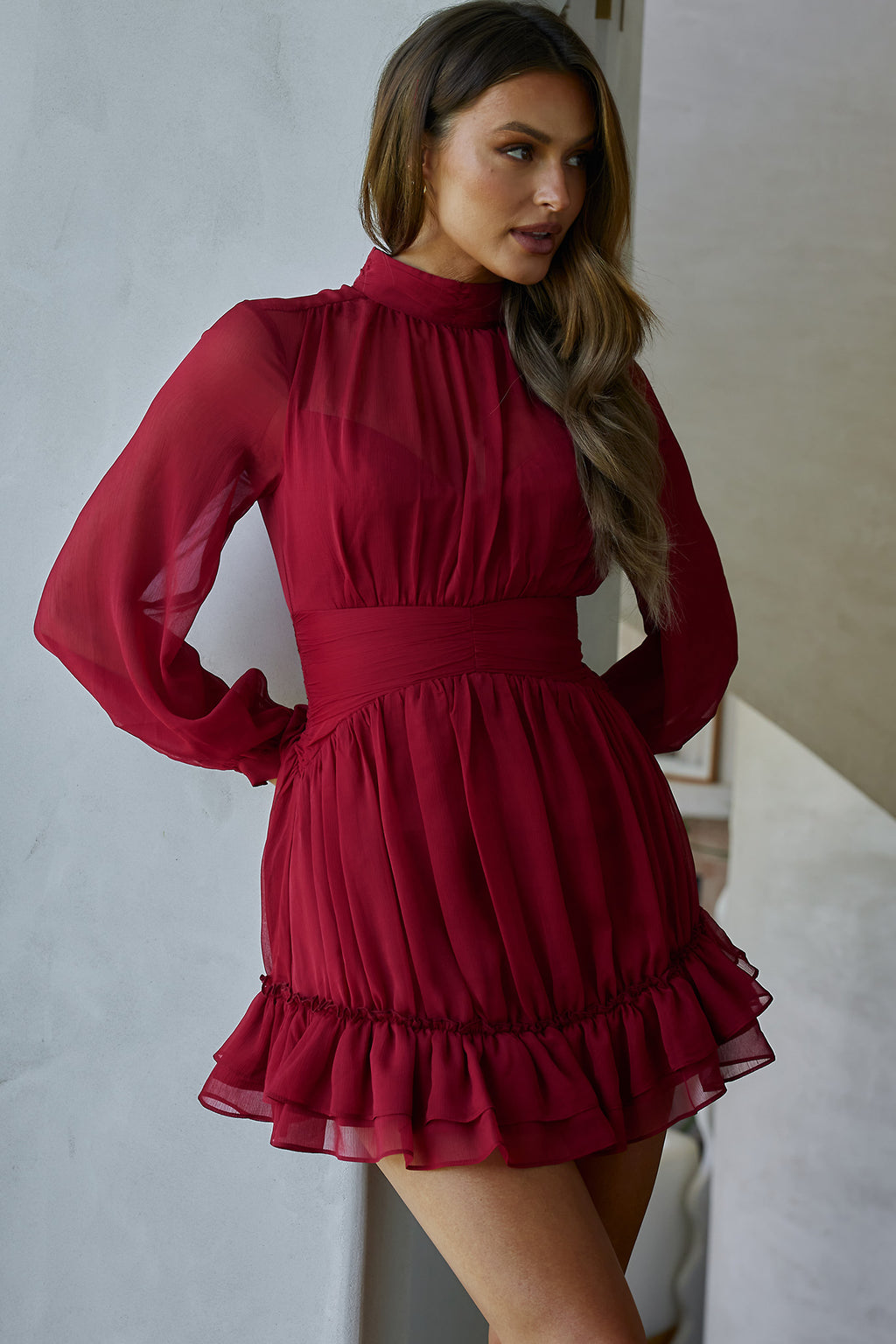 Mandalay High Neck Long Sleeve Waistband Dress Wine by Selfie Leslie