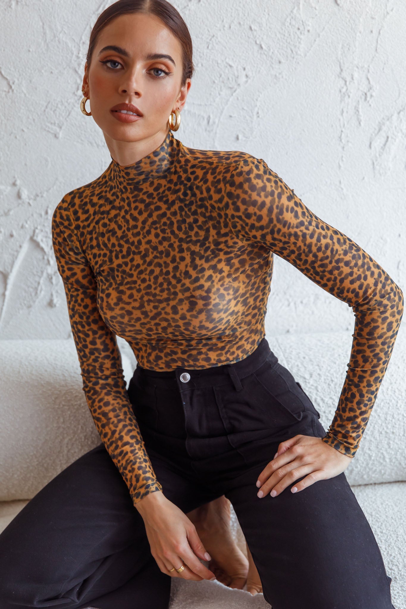 Feelin' It Long Sleeve Turtleneck Sheer Bodysuit Orange Leopard Print by Selfie Leslie