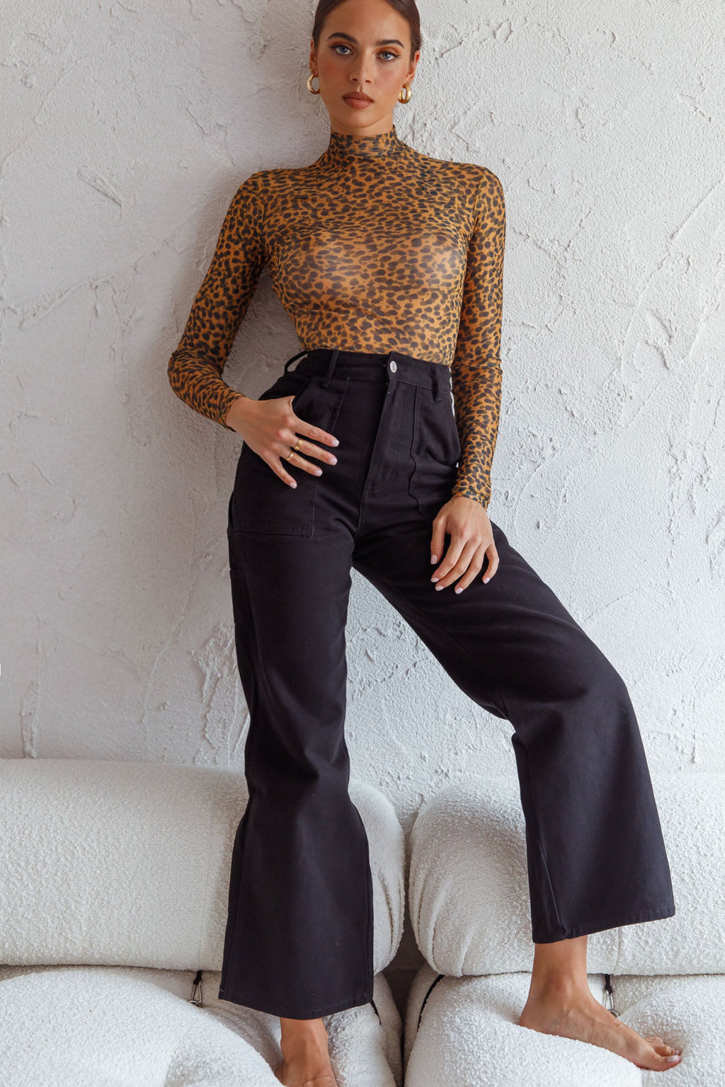 Feelin' It Long Sleeve Turtleneck Sheer Bodysuit Orange Leopard Print by Selfie Leslie