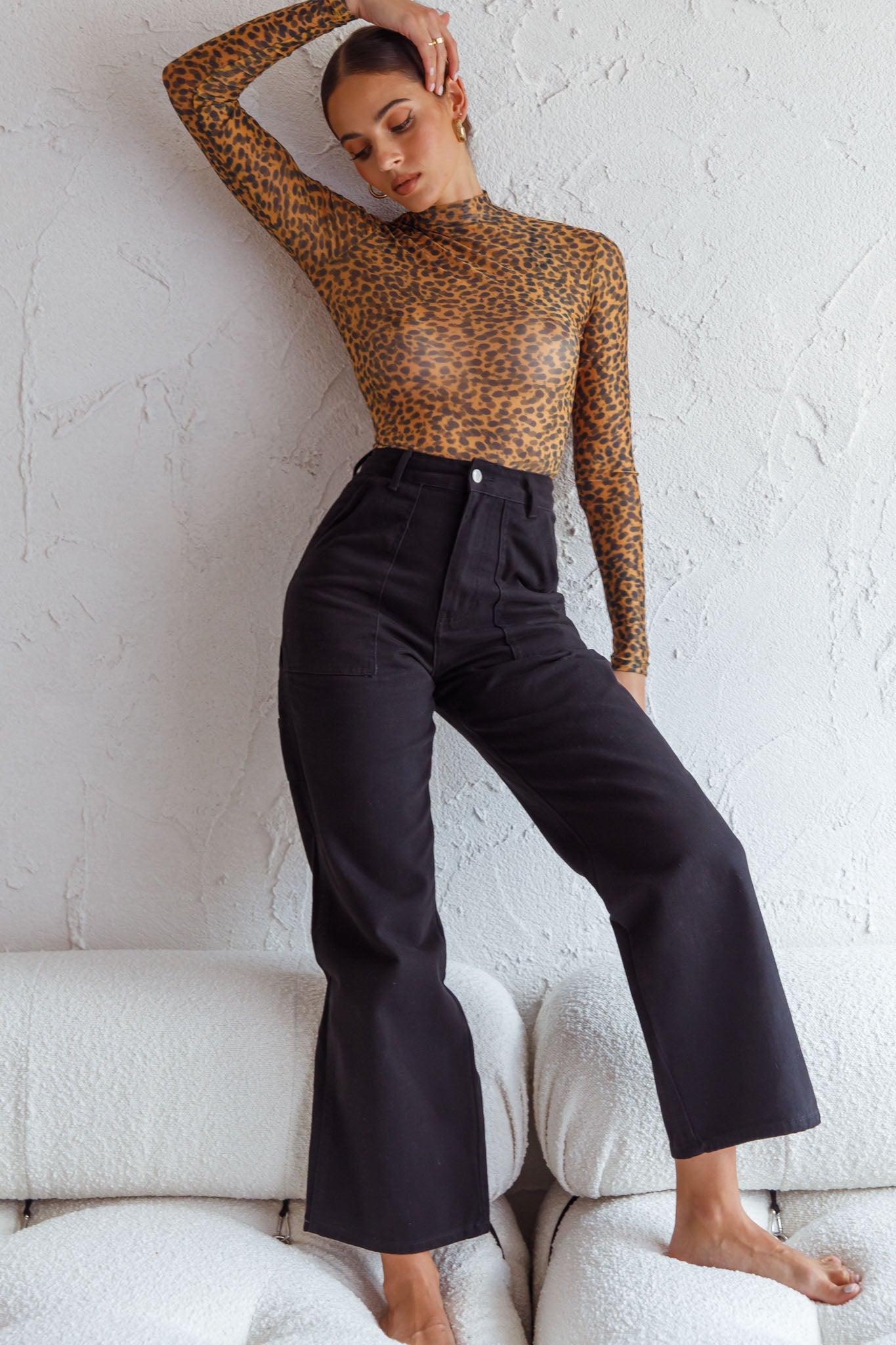 Feelin' It Long Sleeve Turtleneck Sheer Bodysuit Orange Leopard Print by Selfie Leslie