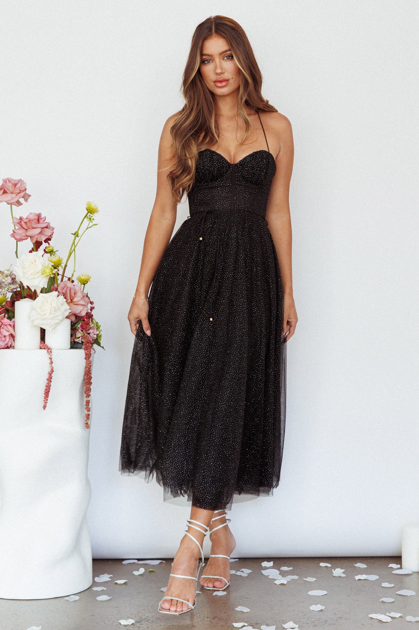 Smitten Sweetheart Neckline Chiffon Midi Dress Black Sparkle by Selfie Leslie Australia