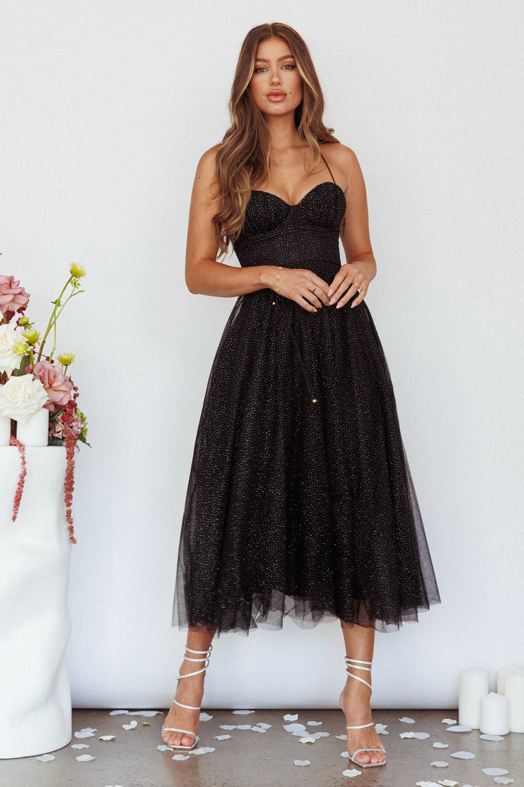 Smitten Sweetheart Neckline Chiffon Midi Dress Black Sparkle by Selfie Leslie Australia