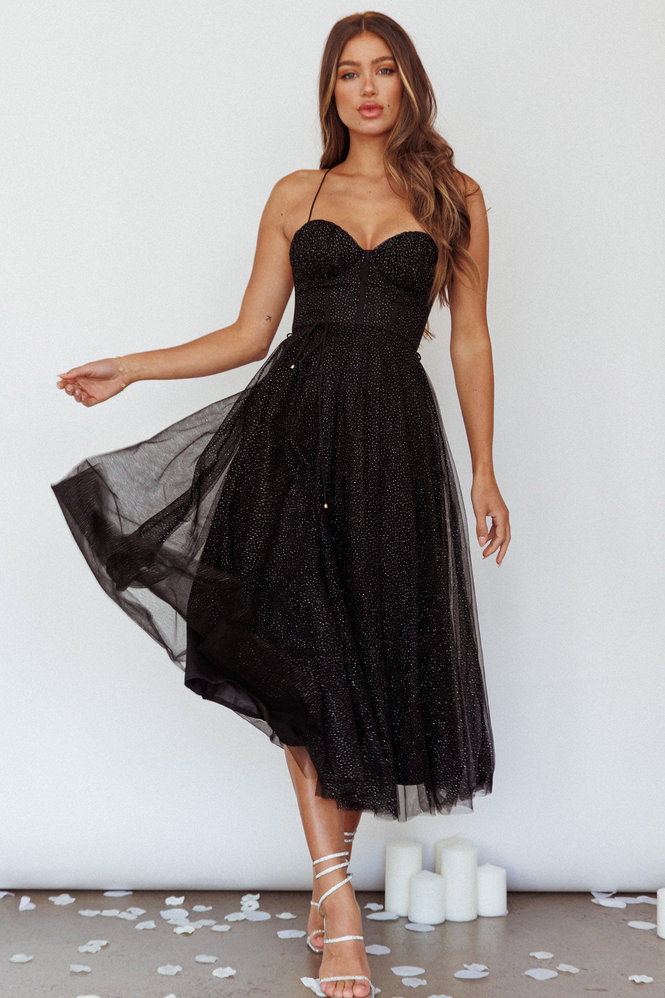 Smitten Sweetheart Neckline Chiffon Midi Dress Black Sparkle by Selfie Leslie Australia