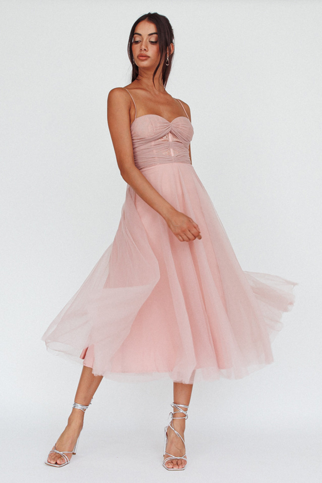 Smitten Lace Insert Tulle Midi Dress Blush by Selfie Leslie Australia
