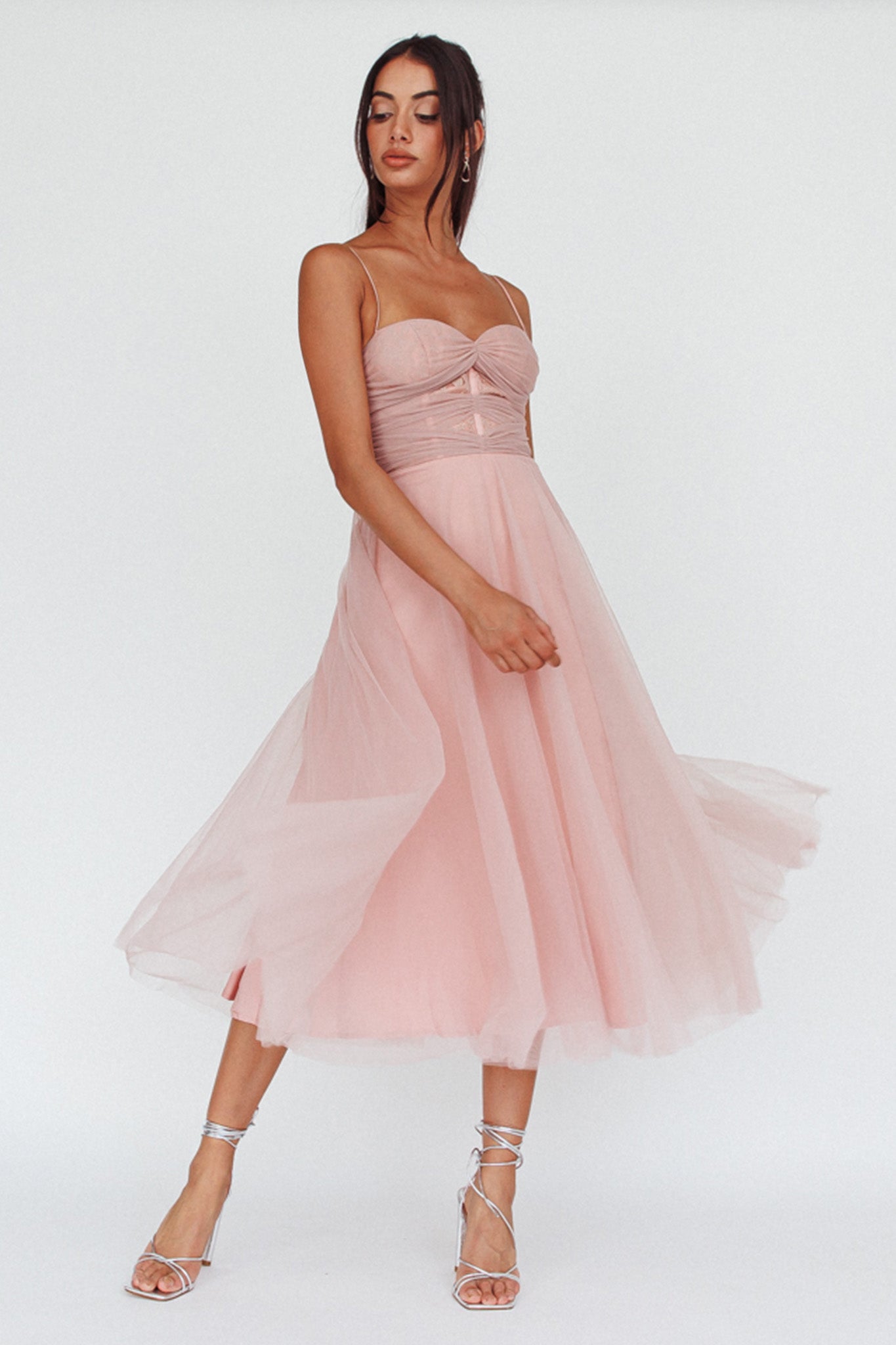 Smitten Lace Insert Tulle Midi Dress Blush by Selfie Leslie Australia