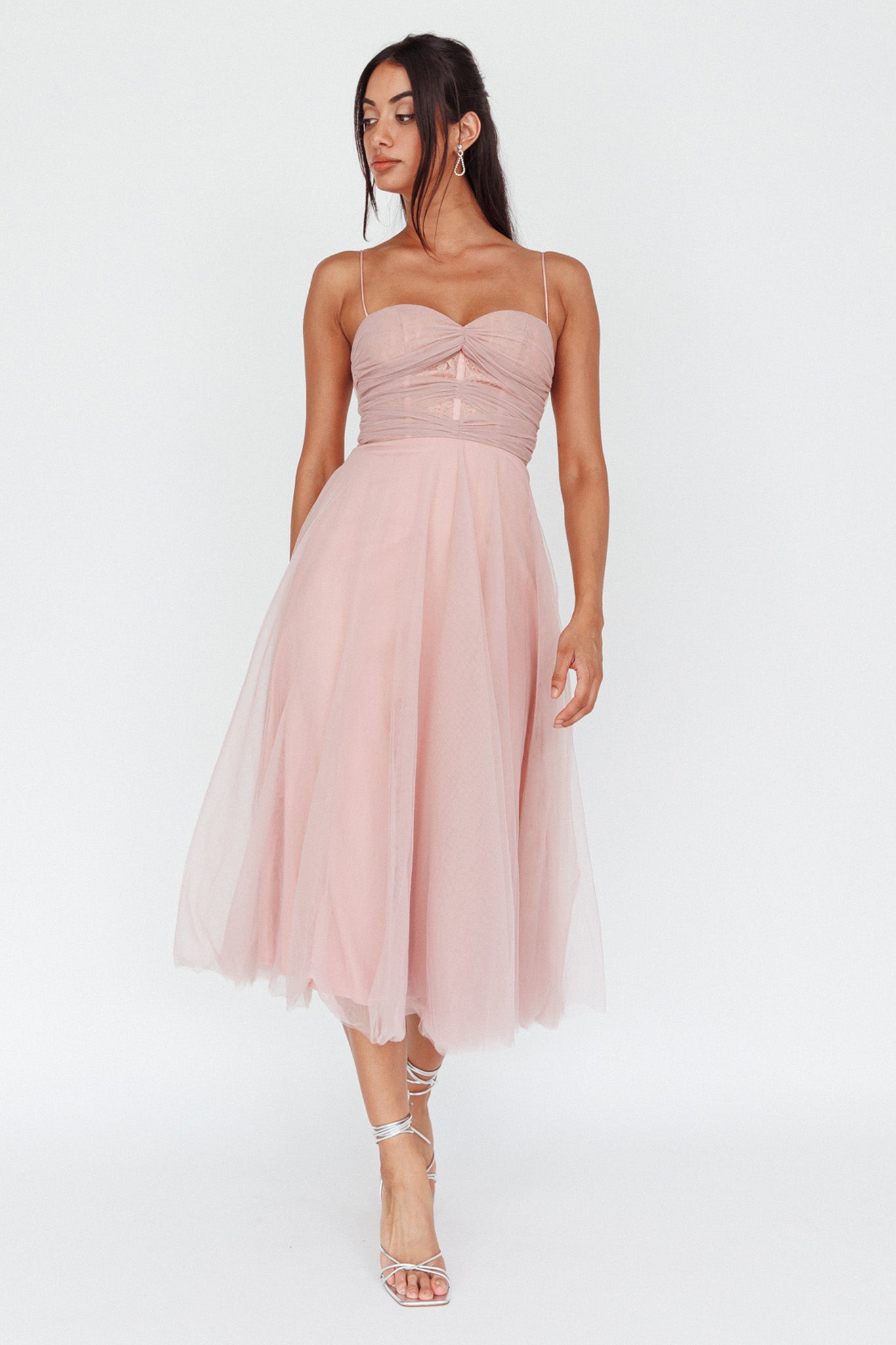 Smitten Lace Insert Tulle Midi Dress Blush by Selfie Leslie Australia