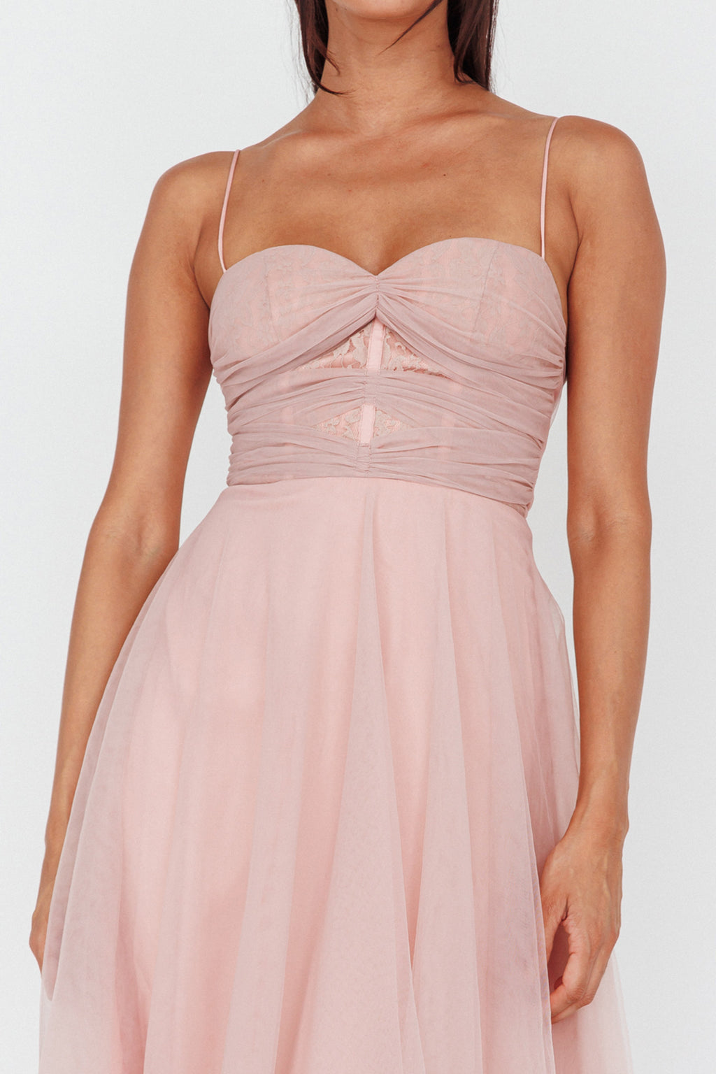 Smitten Lace Insert Tulle Midi Dress Blush by Selfie Leslie Australia