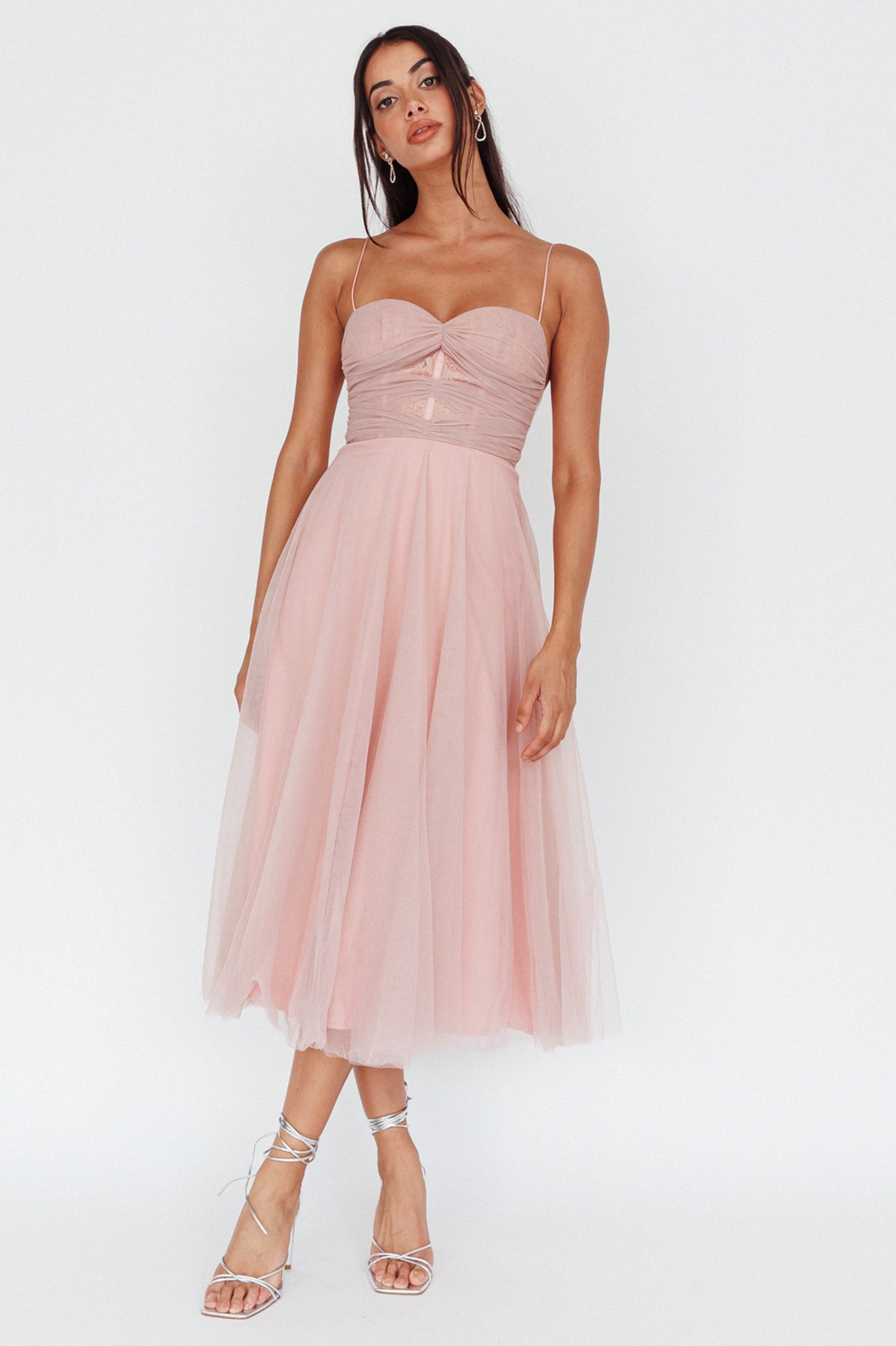 Smitten Lace Insert Tulle Midi Dress Blush by Selfie Leslie Australia