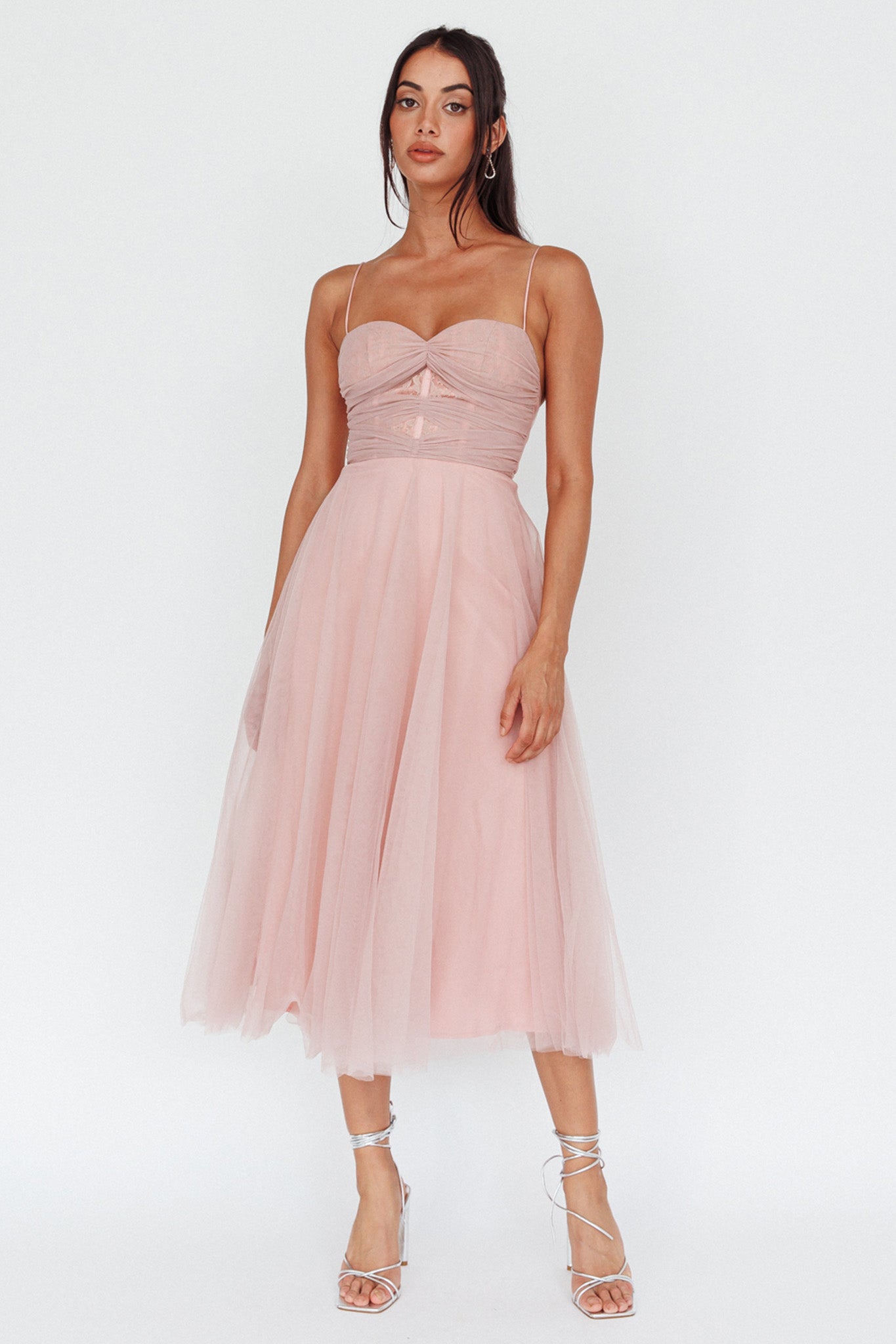 Smitten Lace Insert Tulle Midi Dress Blush by Selfie Leslie Australia