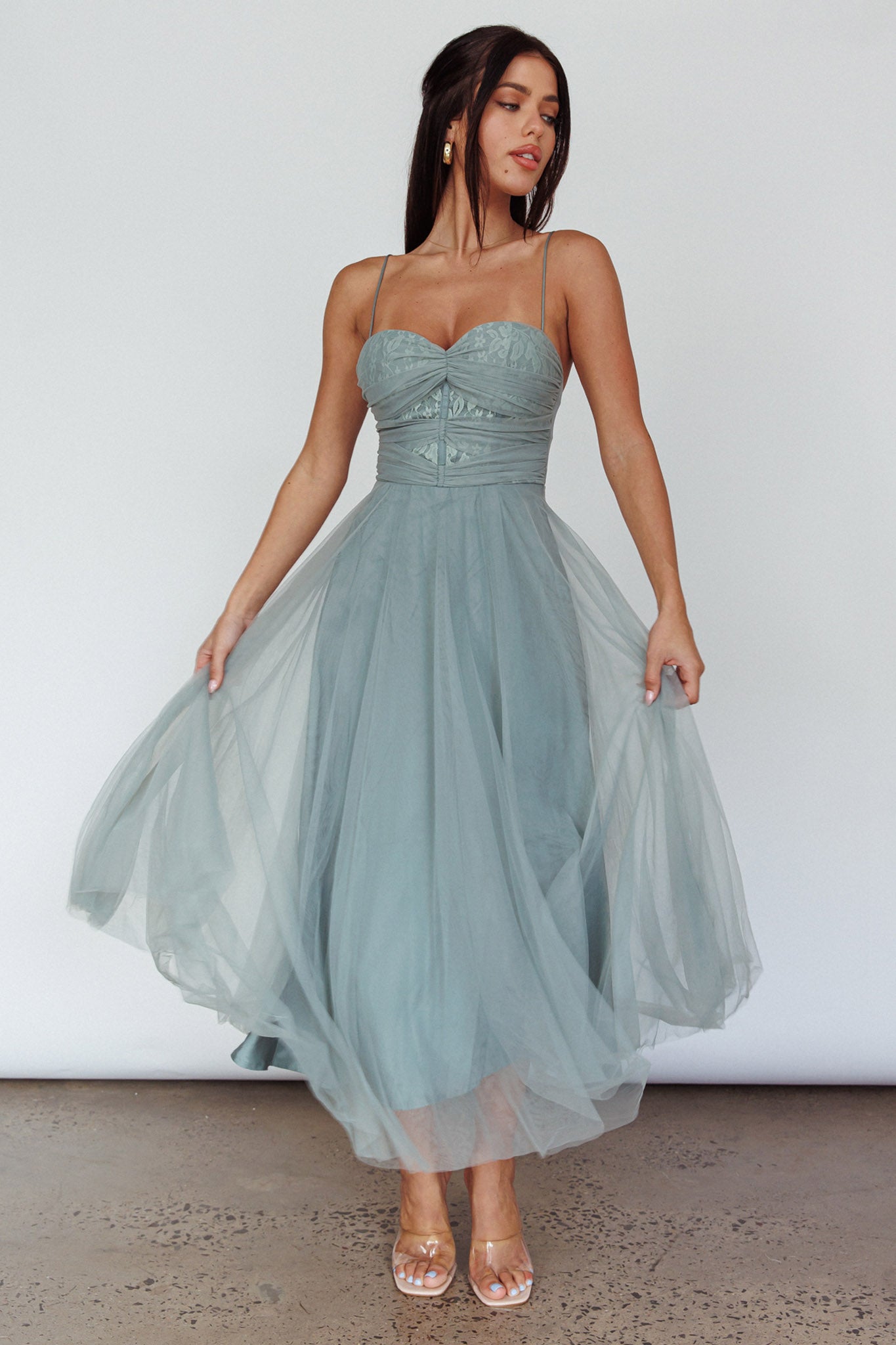 Smitten Lace Insert Tulle Midi Dress Sage by Selfie Leslie Australia