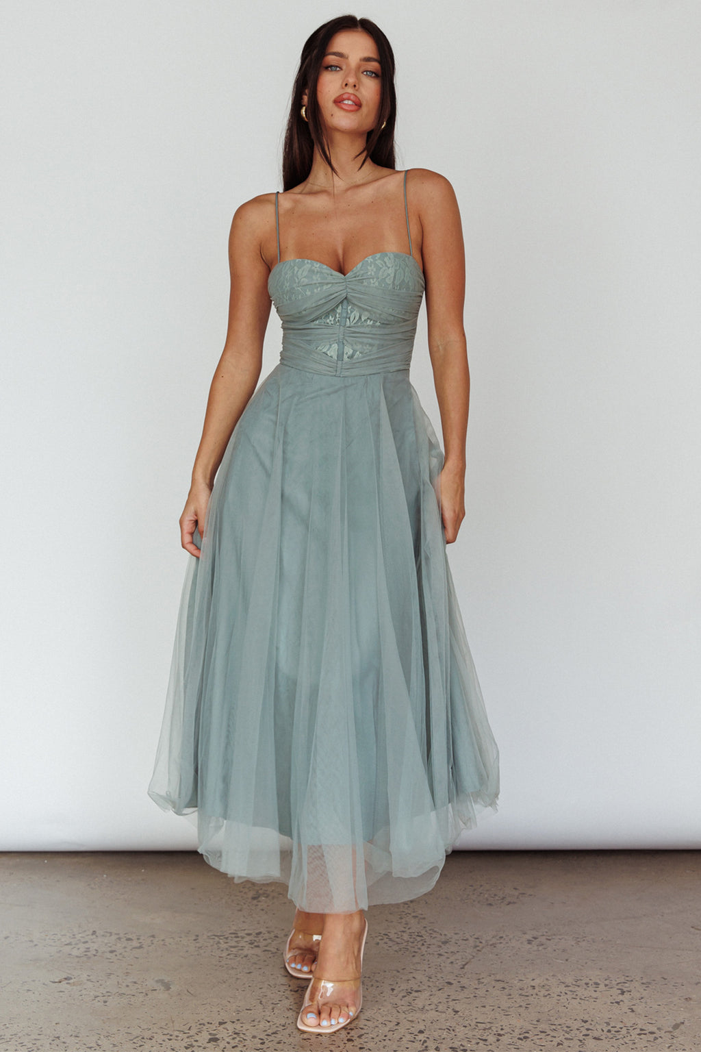 Smitten Lace Insert Tulle Midi Dress Sage by Selfie Leslie Australia