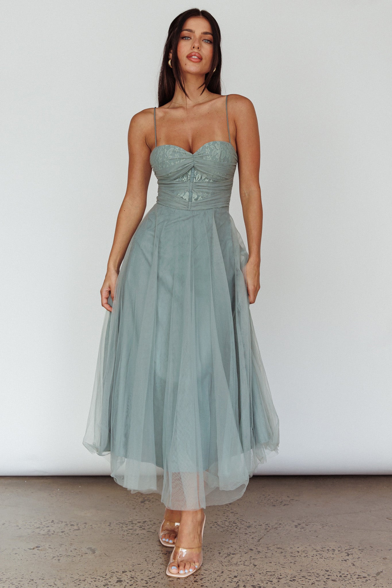 Smitten Lace Insert Tulle Midi Dress Sage by Selfie Leslie Australia
