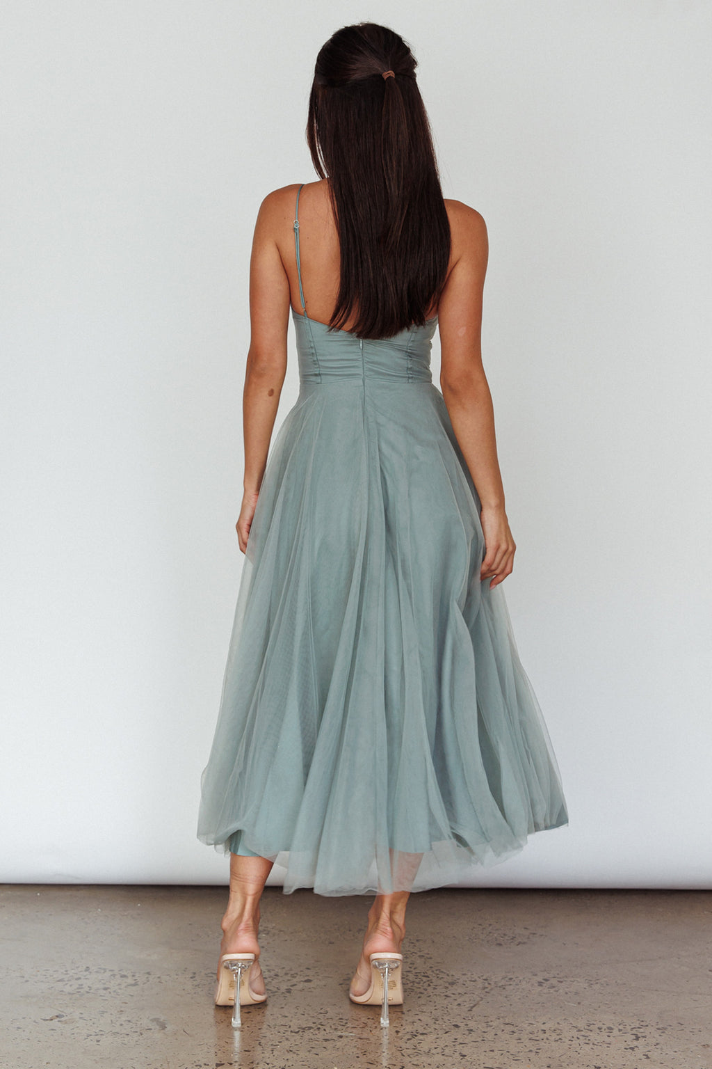 Smitten Lace Insert Tulle Midi Dress Sage by Selfie Leslie Australia